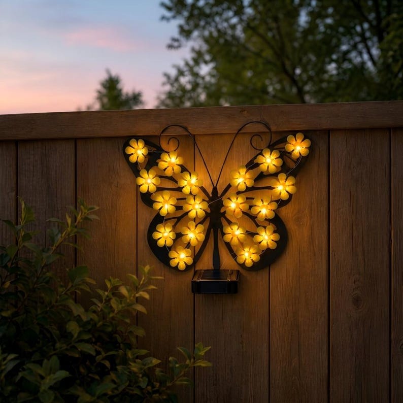 Solar Butterfly Garden Light, Metal Butterfly Wall Decor, Outdoor LED Flower Light, Yard Fence Patio Decor, Waterproof Hanging Light