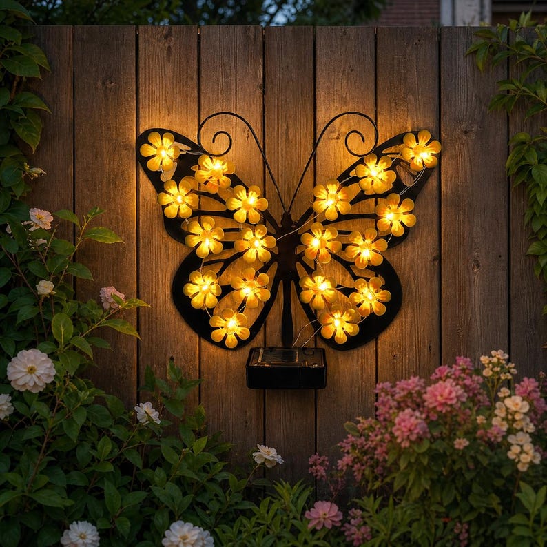 Solar Butterfly Garden Light, Metal Butterfly Wall Decor, Outdoor LED Flower Light, Yard Fence Patio Decor, Waterproof Hanging Light