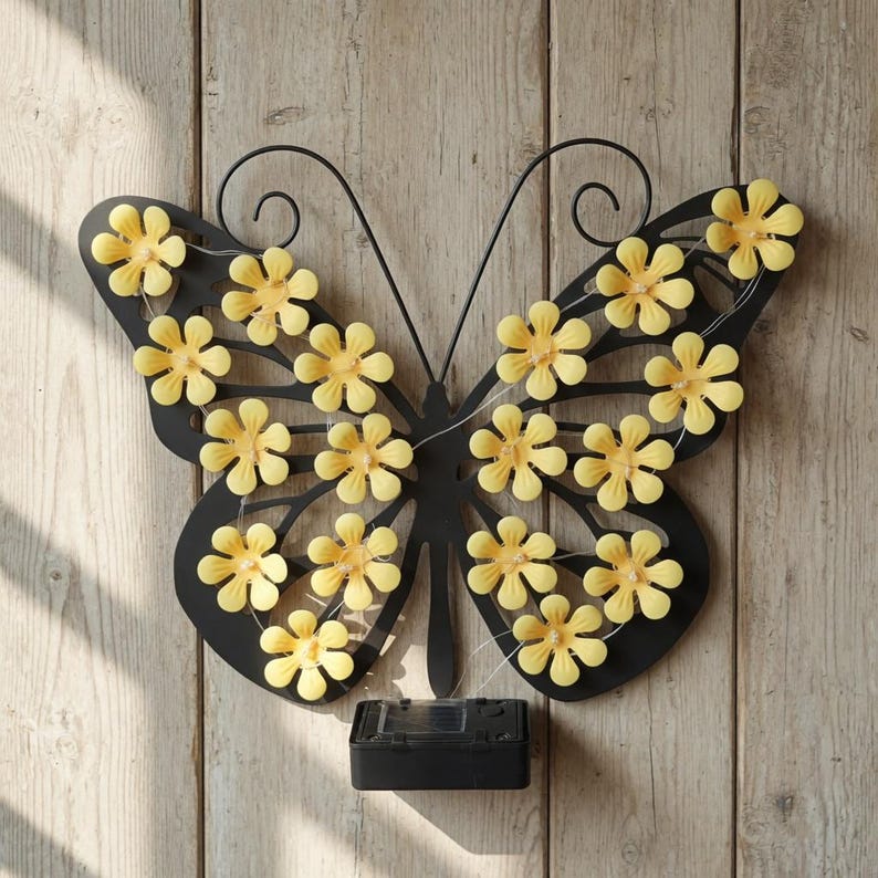 Solar Butterfly Garden Light, Metal Butterfly Wall Decor, Outdoor LED Flower Light, Yard Fence Patio Decor, Waterproof Hanging Light