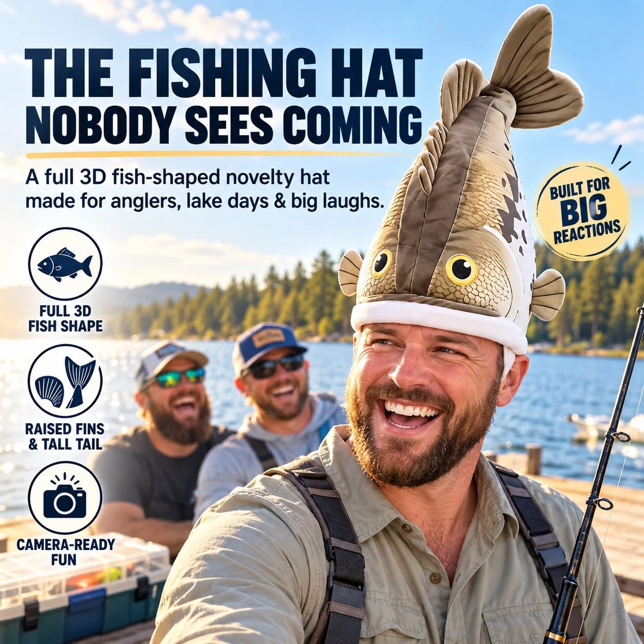 🐟 Funny 3D Fish Hat — Funny Fishing Gift for Anglers, Lake Days & Parties