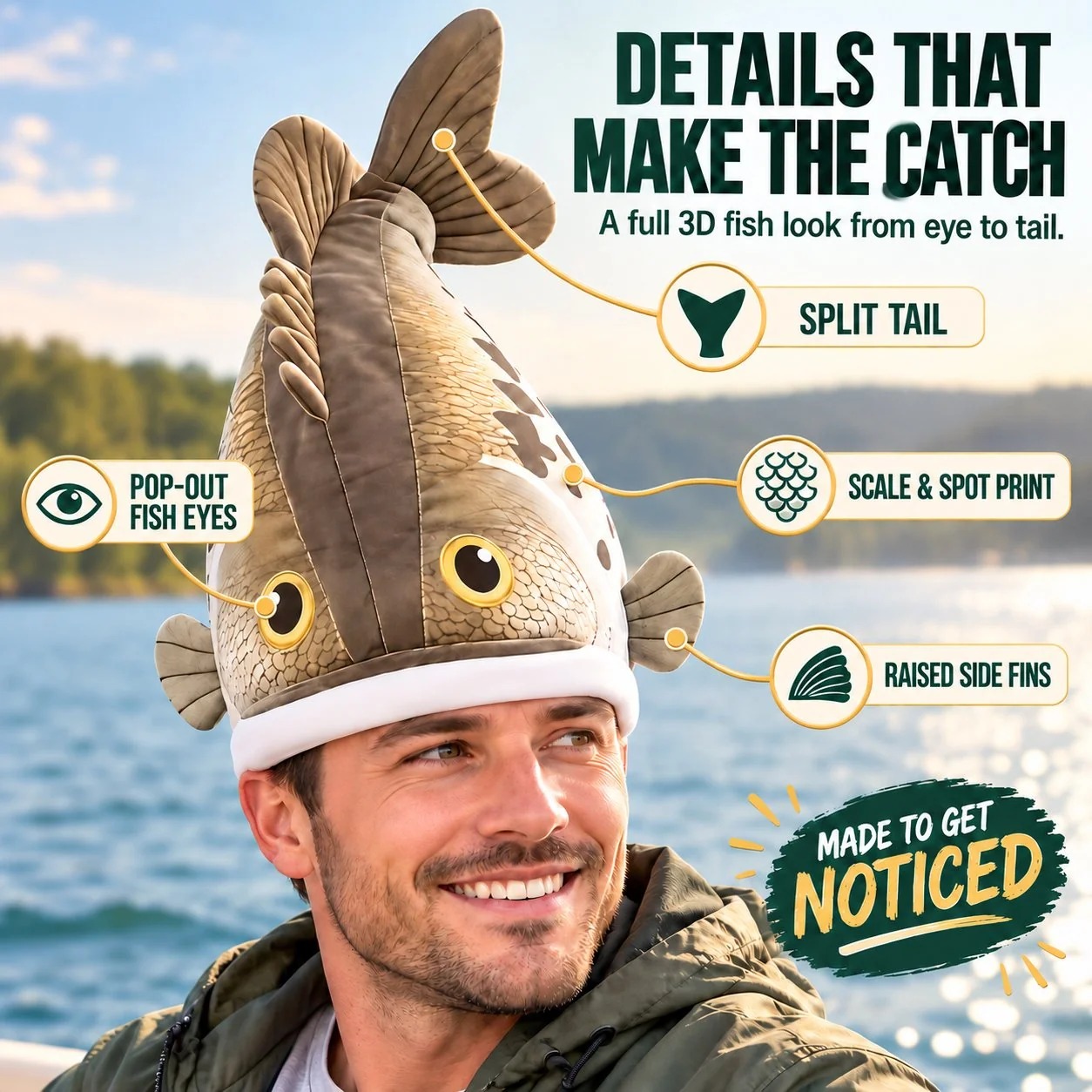 🐟 Funny 3D Fish Hat — Funny Fishing Gift for Anglers, Lake Days & Parties