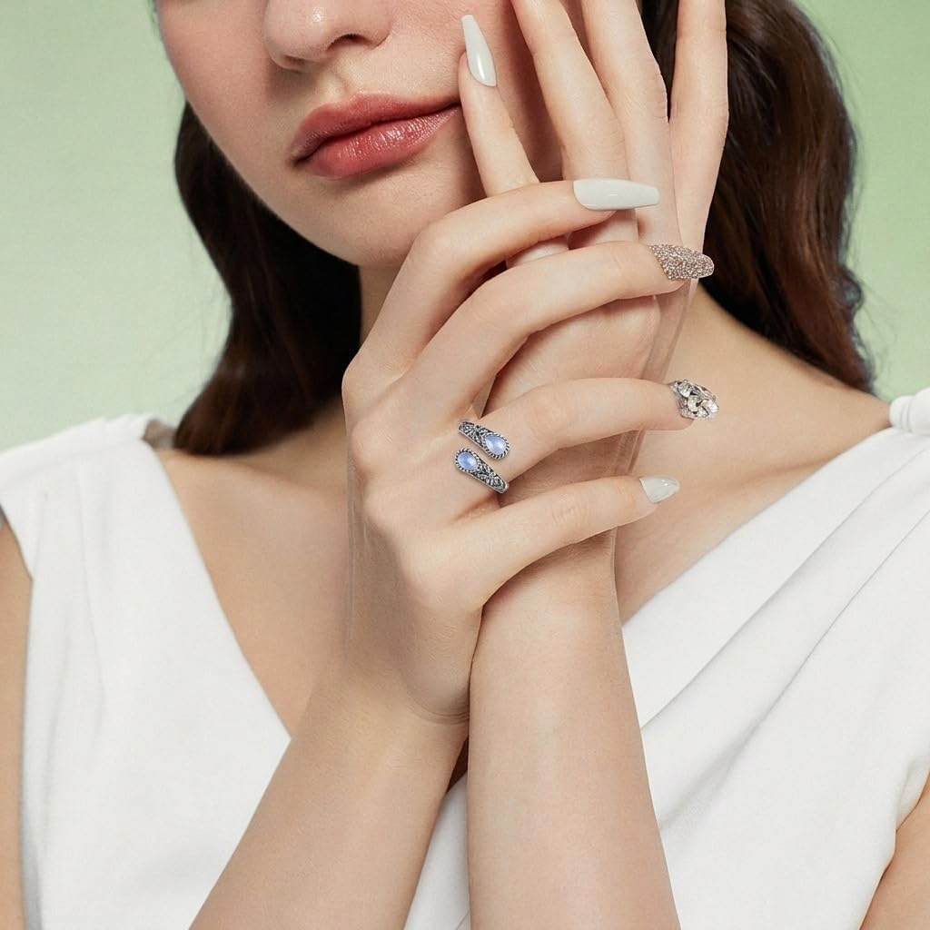 Women's Sterling Silver Moonstone Flower Ring, Adjustable Vintage Spoon Ring Jewelry, Gifts for Mom, Wife, Sister, Her