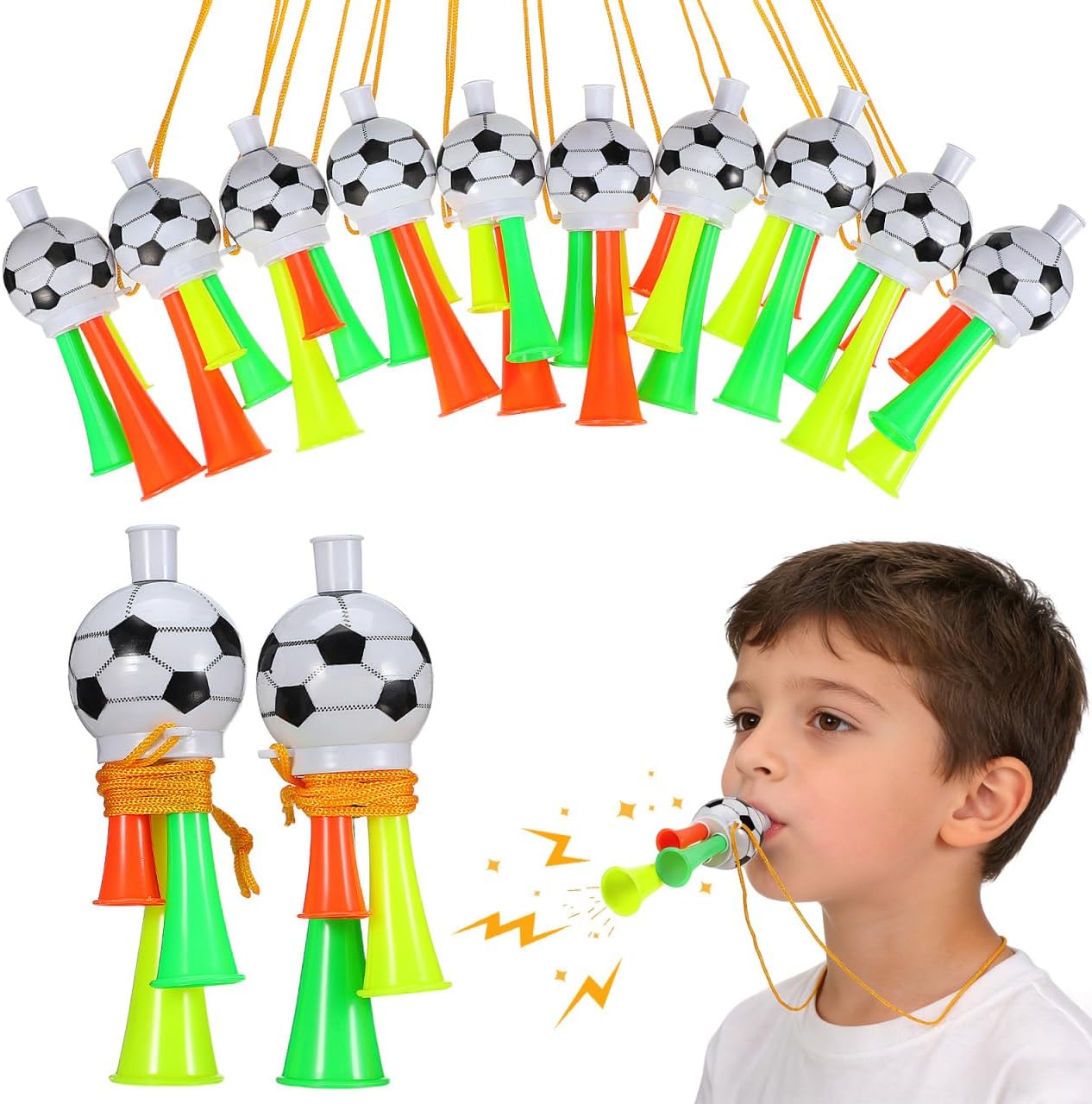 Mini Plastic Loud Noise Makers with Lanyard, Soccer Ball Blow Trumpets for Football Games, Soccer Events, Tailgating, Carnival Party Cheering, Assorted Colors
