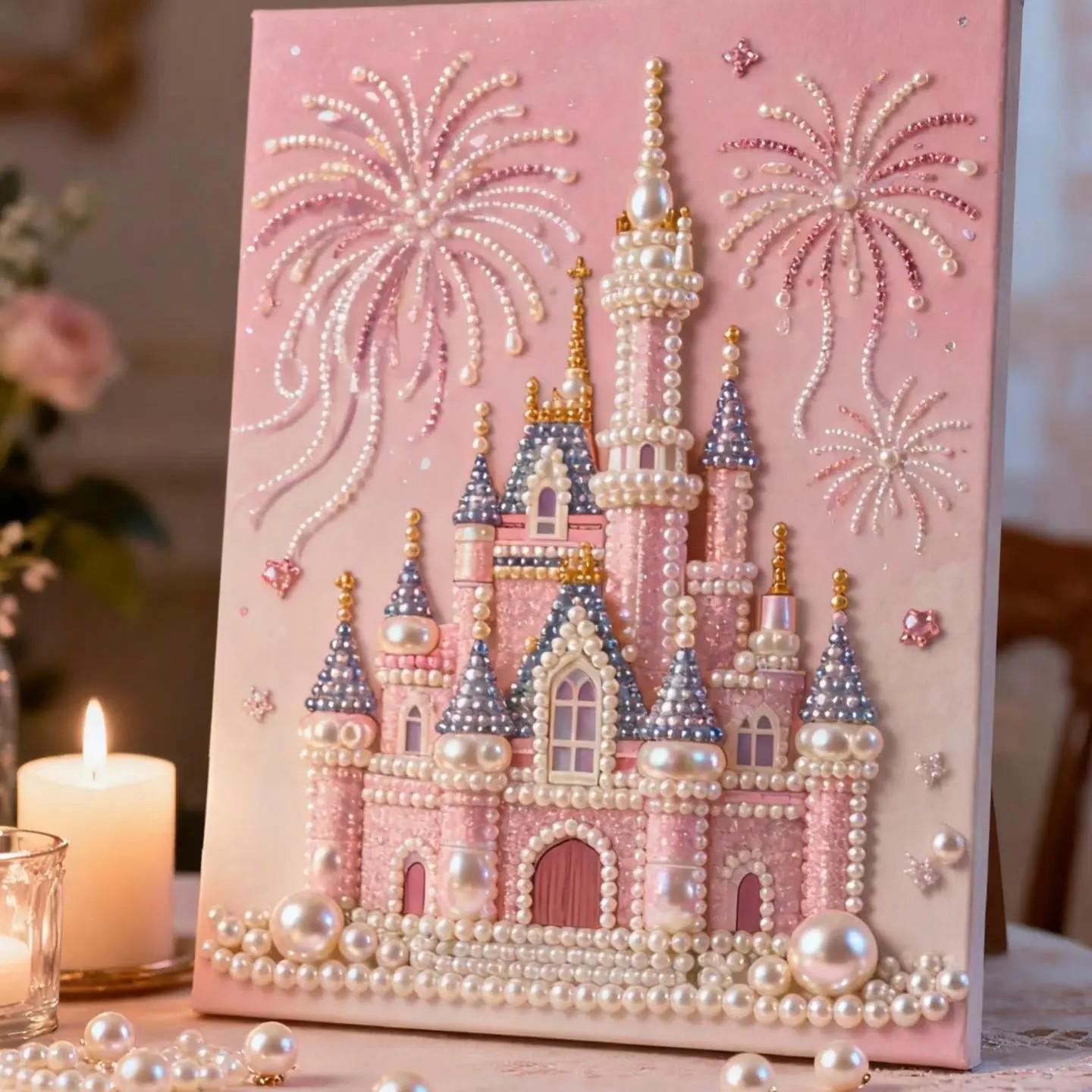 Fireworks Romantic Castle Eiffel Tower 5D Sparkling Beads Painting Set, DIY Acrylic Round Hole Fashion Embroidery Handicraft Art Set, Stress-Relief Handcraft for Parent-Child Activities, Framed Home Decoration Festival Gift (Requires Handmade)