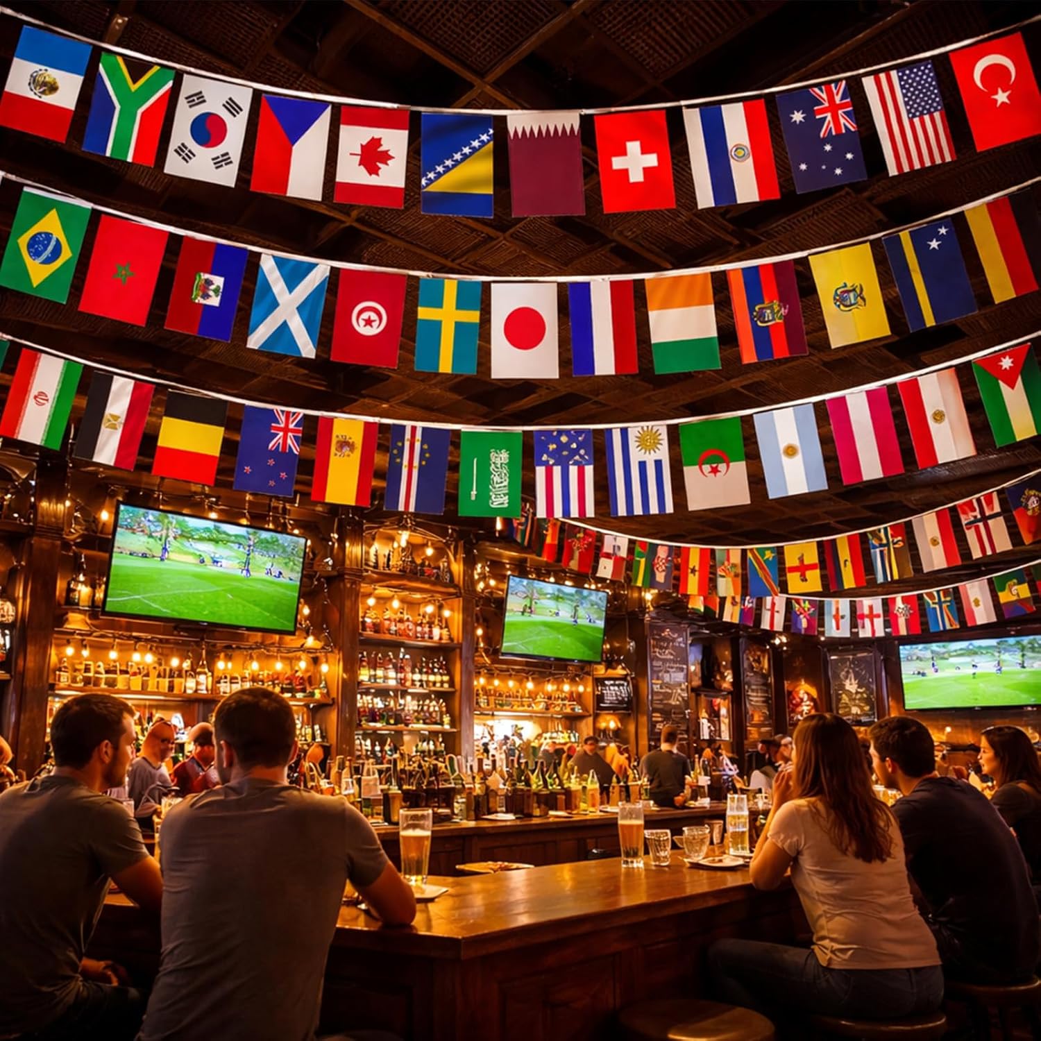 Double Sided Nylon International Flags String, Soccer Decorations for Bar, Home, Sports Events