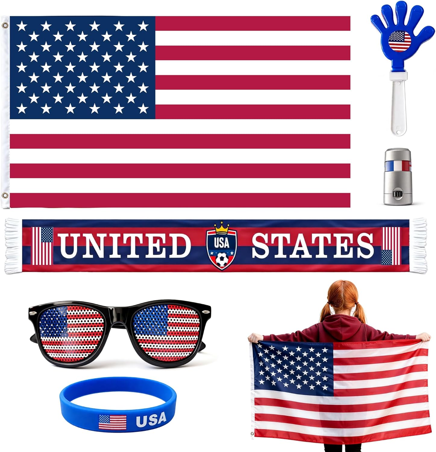 6 Pcs Cheering Set for Game Day Watch Party – Flag, Fan Scarf, Wristband, Flag Glasses, Hand Clapper, Blendable Face Paint Sticks