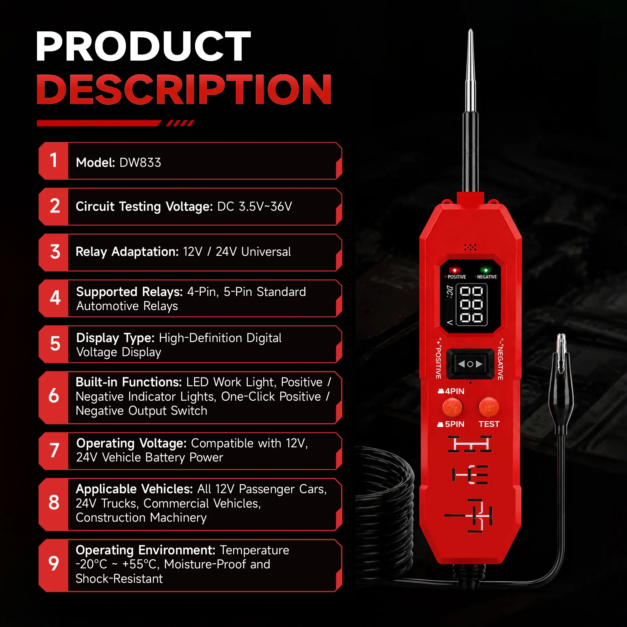 3.5-36V Automotive Circuit Tester with LED Light