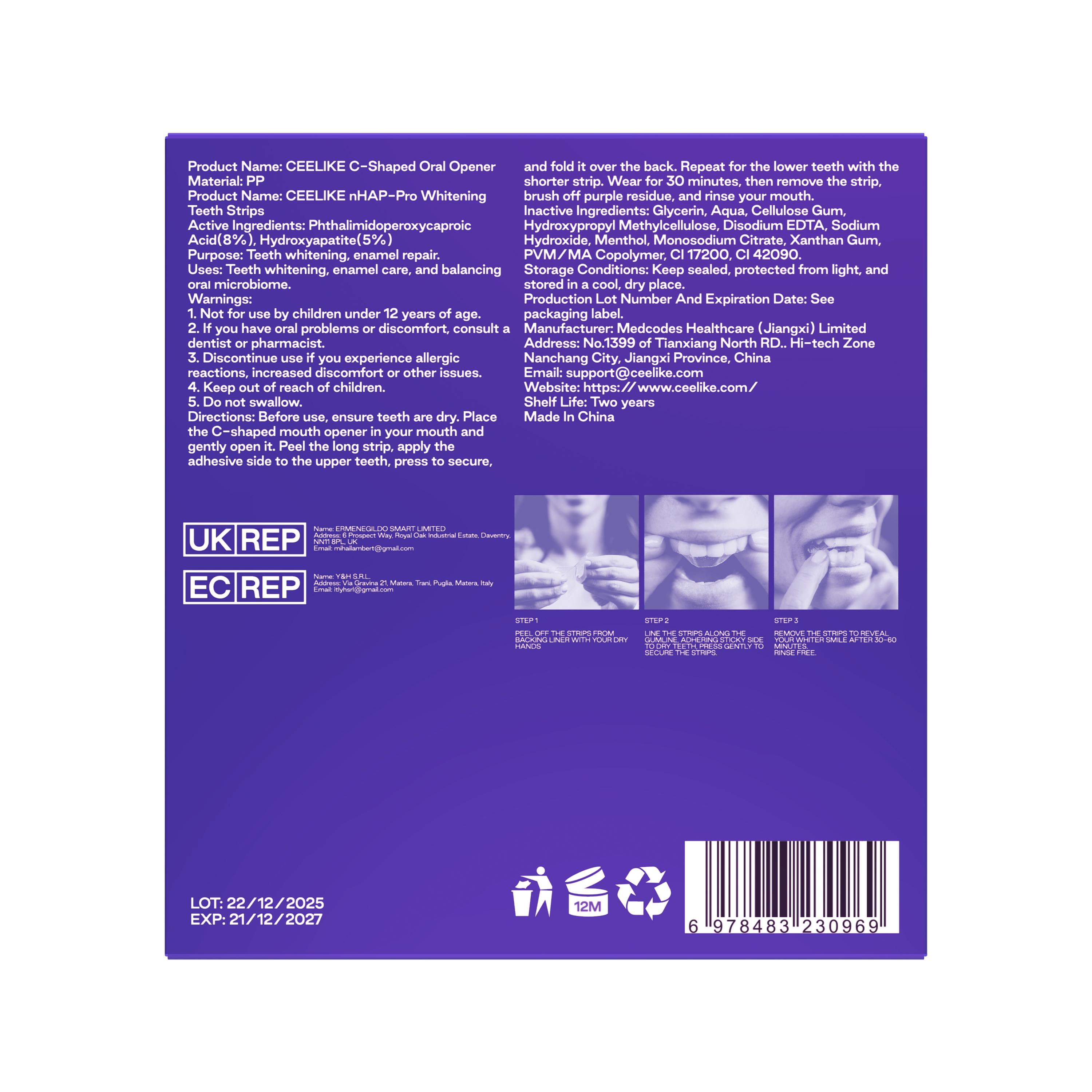 CEELIKE Purple Teeth Whitening Strips With Free Cheek Retractor - 7/21 Whitening Sessions -Nano-Hydroxyapatite Safe for Enamel - Non Sensitive Teeth Whitening - Peroxide-Free CEELIKE Purple Teeth Whitening Strips With Free Cheek Retractor - 7/21 Whitening Sessions -Nano-Hydroxyapatite Safe for Enamel - Non Sensitive Teeth Whitening - Peroxide-Free