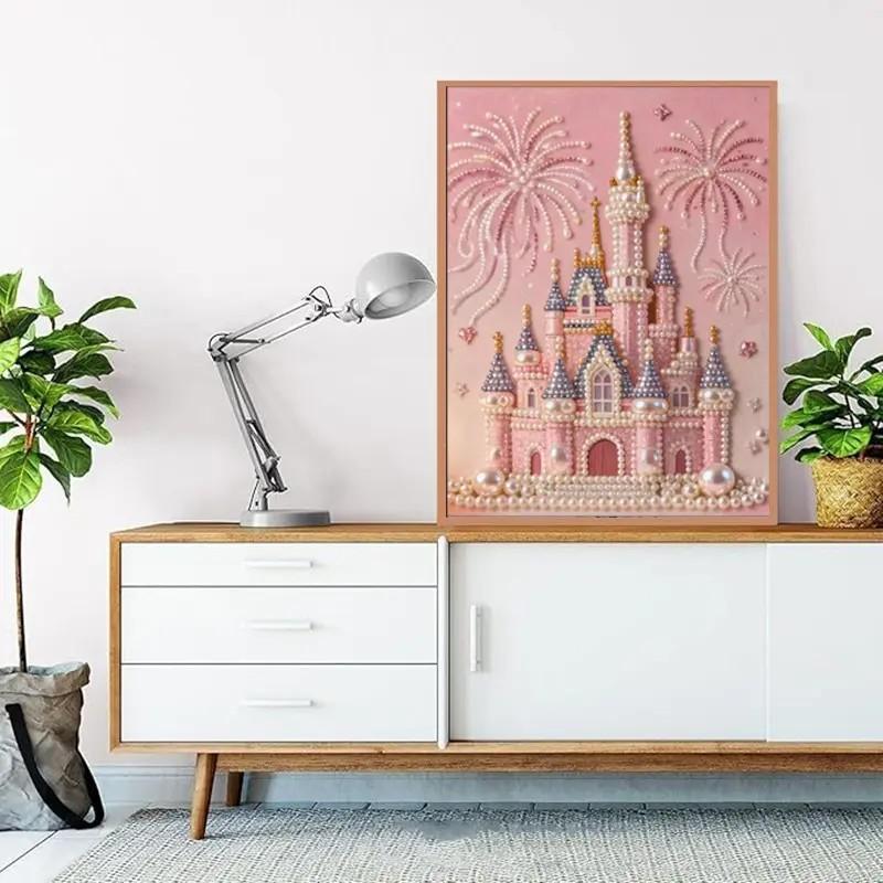 Fireworks Romantic Castle Eiffel Tower 5D Sparkling Beads Painting Set, DIY Acrylic Round Hole Fashion Embroidery Handicraft Art Set, Stress-Relief Handcraft for Parent-Child Activities, Framed Home Decoration Festival Gift (Requires Handmade)
