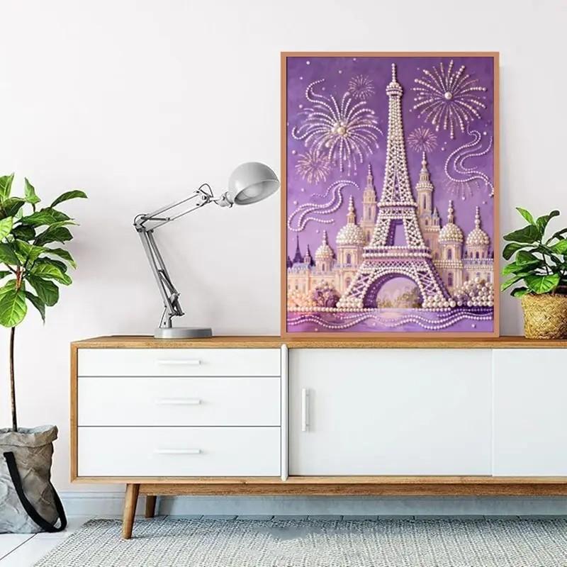 Fireworks Romantic Castle Eiffel Tower 5D Sparkling Beads Painting Set, DIY Acrylic Round Hole Fashion Embroidery Handicraft Art Set, Stress-Relief Handcraft for Parent-Child Activities, Framed Home Decoration Festival Gift (Requires Handmade)