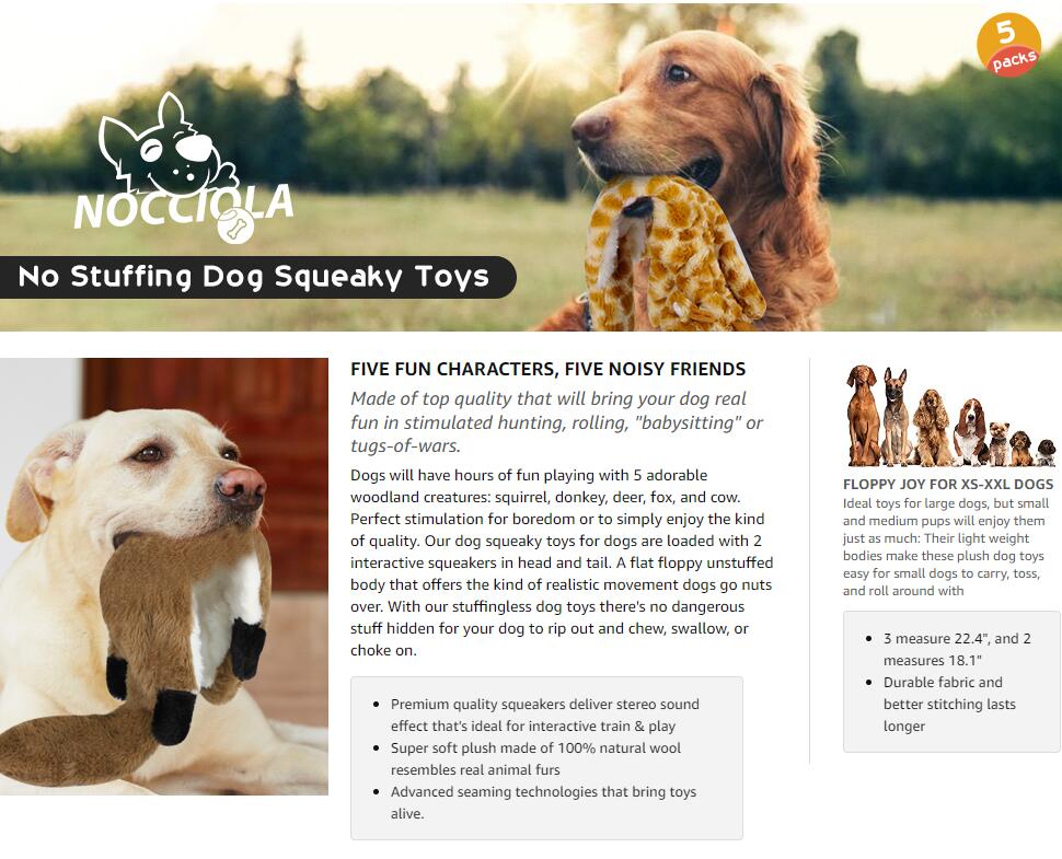 Nocciola 5 PCS Jungle Series Crinkle Dog Toys, No Stuffing Squeaky Dog Toys with Double Layer Reinforced Fabric, Squirrel Fox Cow Dog Toys for Small to Large Dogs, Toybox Canine Nocciola 5 PCS Jungle Series Crinkle Dog Toys, No Stuffing Squeaky Dog Toys with Double Layer Reinforced Fabric, Squirrel Fox Cow Dog Toys for Small to Large Dogs, Toybox Canine