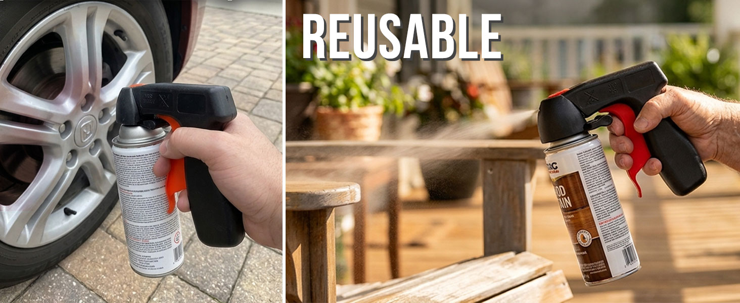 Reusable aerosol trigger handle spraying paint on wheel and wood surface with full grip control
