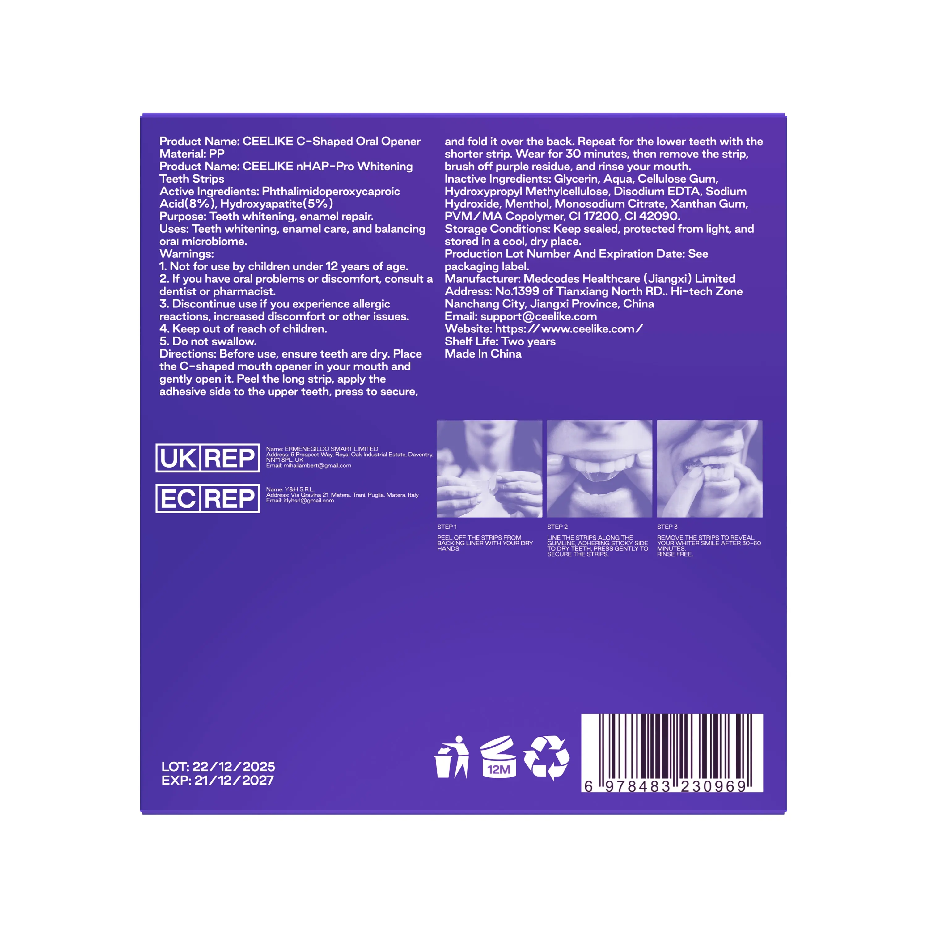  Purple Teeth Whitening Strips  With Free Cheek Retractor - 7/21 Whitening Sessions -Nano-Hydroxyapatite Safe for Enamel - Non Sensitive Teeth Whitening - Peroxide-Free