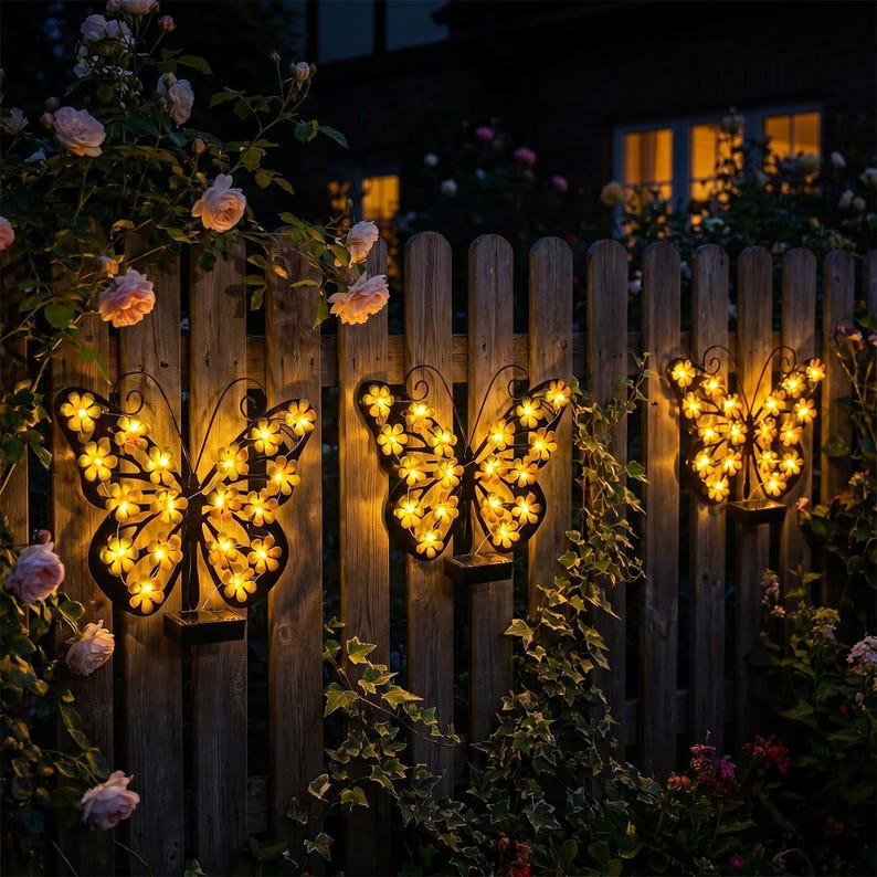 Solar Butterfly Garden Light, Metal Butterfly Wall Decor, Outdoor LED Flower Light, Yard Fence Patio Decor, Waterproof Hanging Light