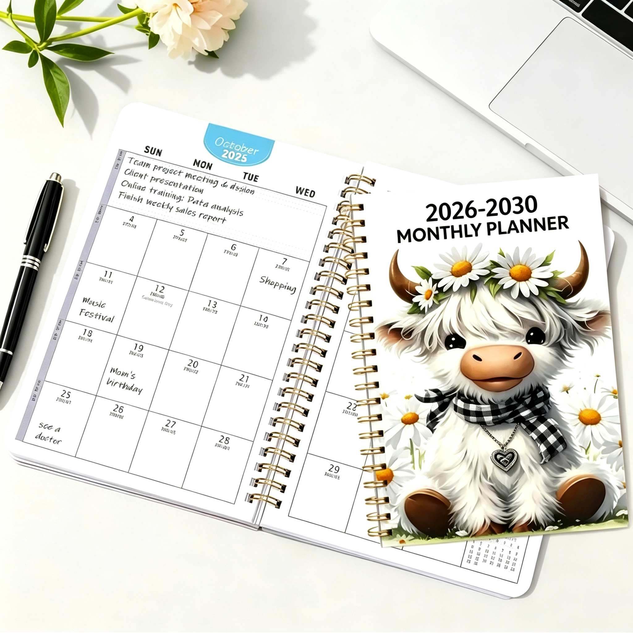 2026-2030 Monthly Planner Cute Highland Cow 5-Year Calendar