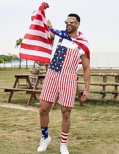 Bindefon 4th of July 4 Piece Set Combo - 250th Birthday American Flag Overalls Men,Cape,USA Sunglasses,Patriotic Socks, Menswear, Father's Day Gifts