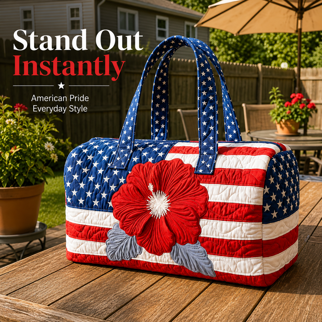 Patriotic Quilted Tote Bag | 3D Floral American Flag Travel Duffel Gifts 250th