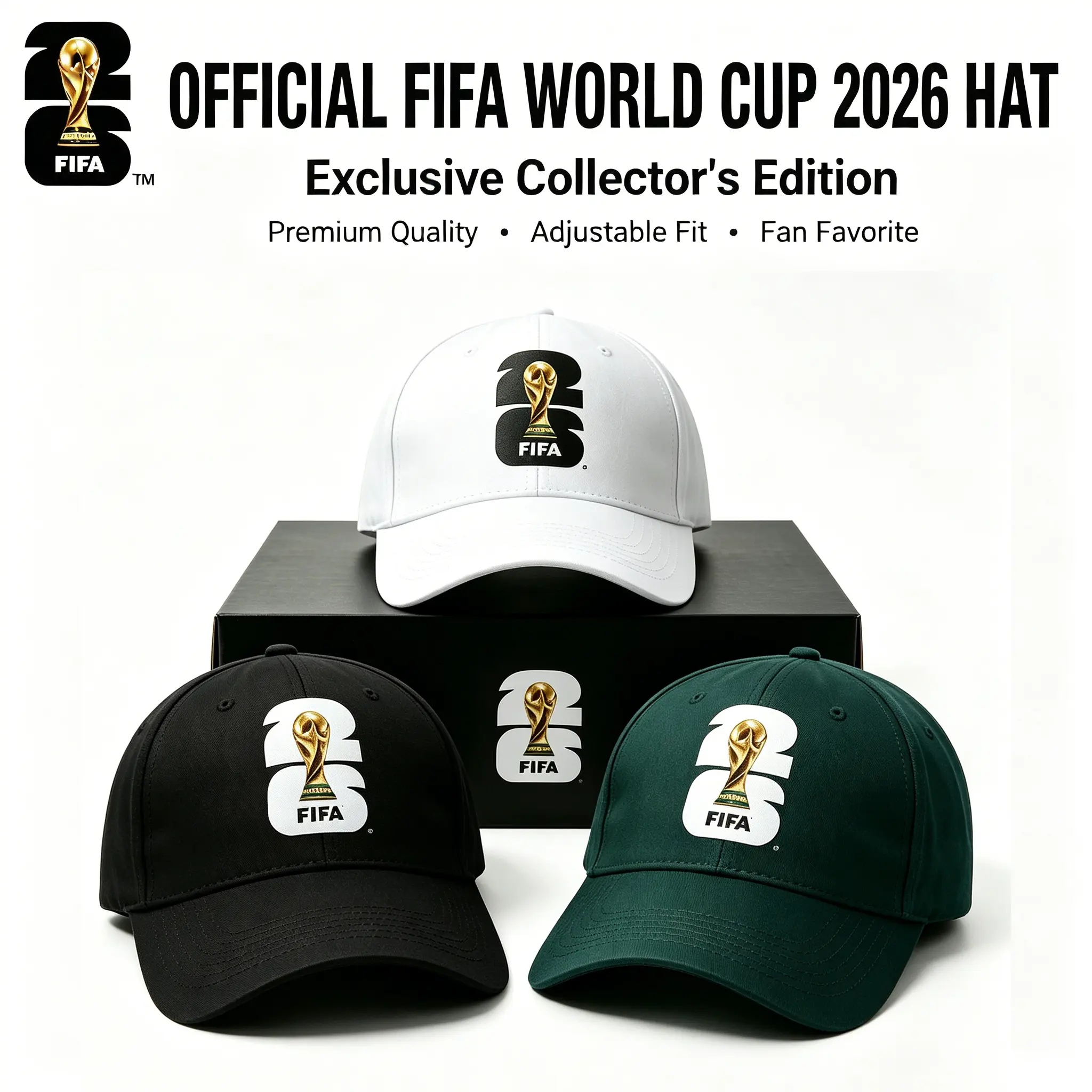 FIFA Commemorative Edition 2026 World Cup Trophy Silhouette Hat in White Green Black Collectible Fan Gear, Baseball Cap,victory cap,casual team cap