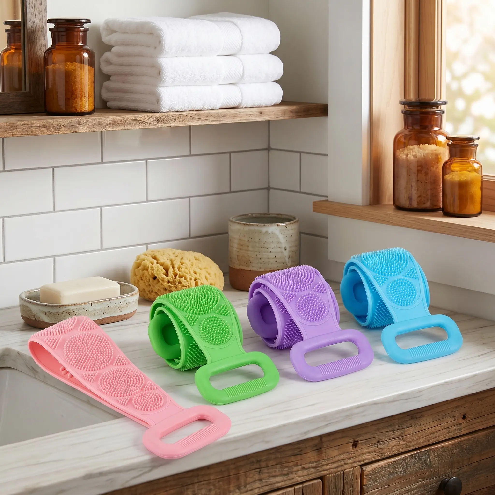 Double-Sided Silicone Back Scrubber, Exfoliating Body Brush Strap for Shower & Bath, Gentle Personal Cleaning Tool for All Skin Types