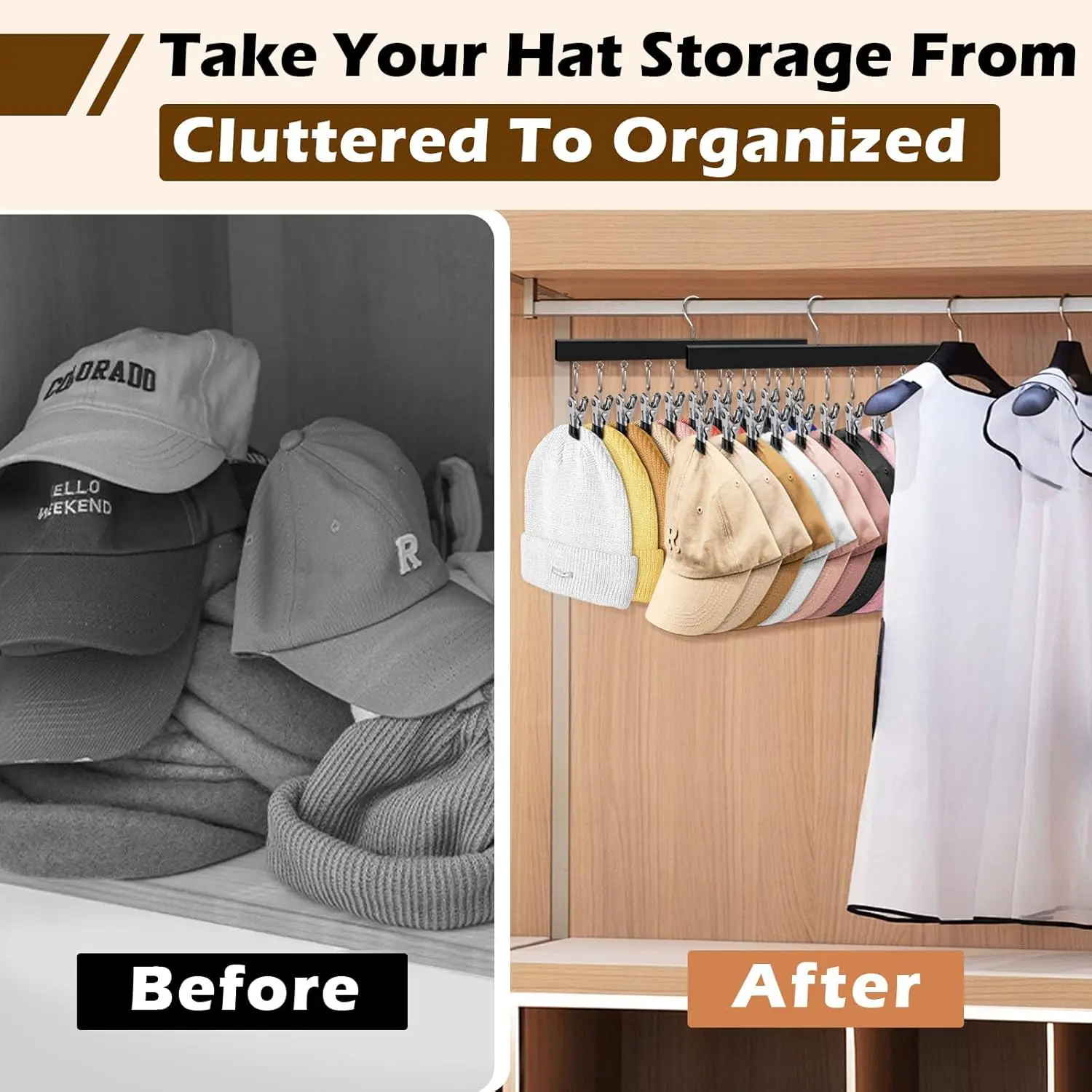 2 Pack Wooden Hat Organizer with Clips - Fits All Caps