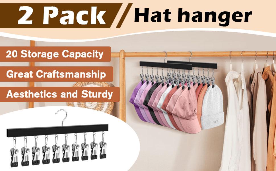 1/2 Pack Wooden Hat Organizer with 12 Stainless Steel Clips Holds Baseball Basketball Golf Caps Jeans & Yoga Pants Fits All Cap Sizes Black hanger,gift,hanging clothes,multi hanger,hanger clips,legging hanger,skirt hanger,wardrobe storage