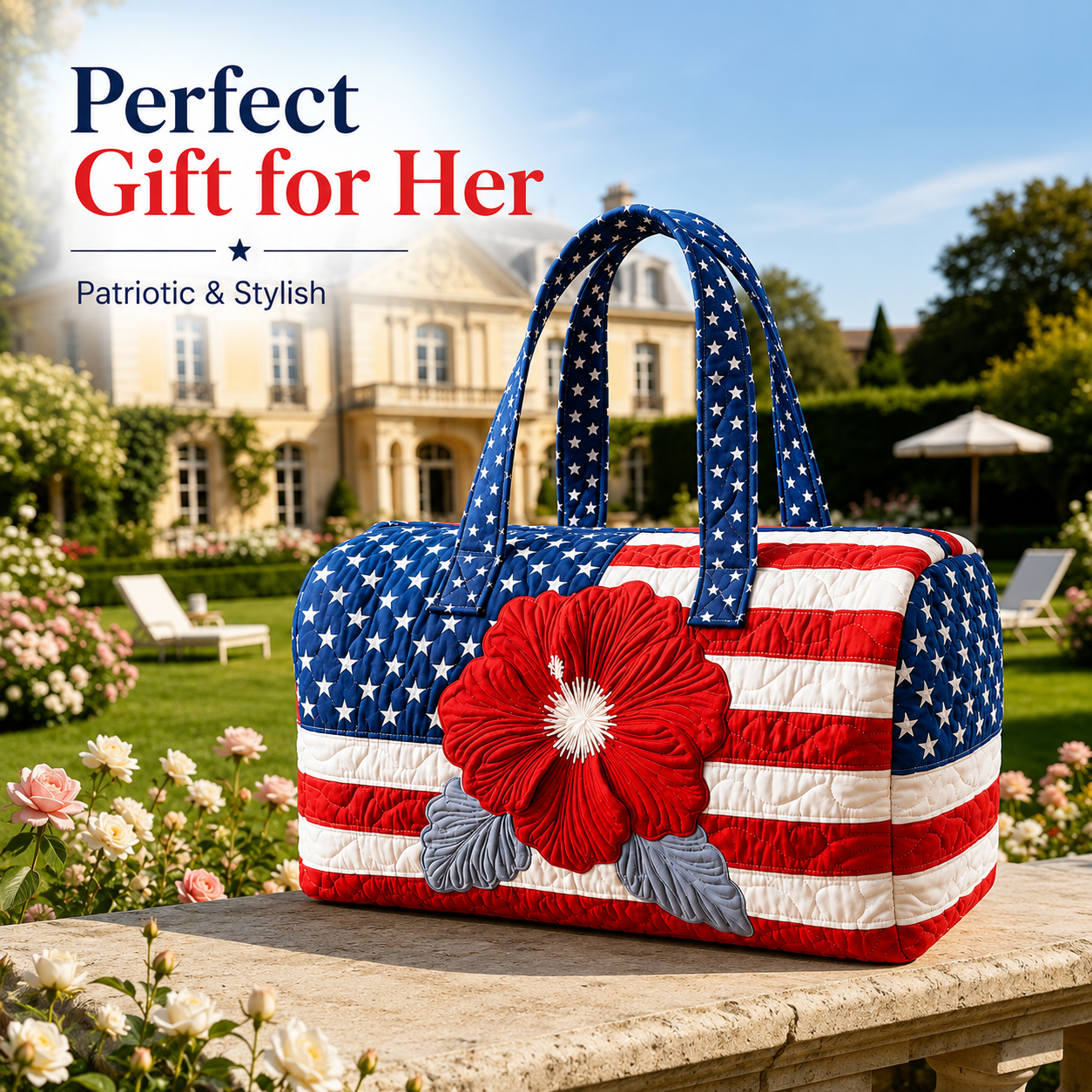 Patriotic Quilted Tote Bag | 3D Floral American Flag Travel Duffel Gifts 250th