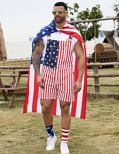Bindefon 4th of July 4 Piece Set Combo - 250th Birthday American Flag Overalls Men,Cape,USA Sunglasses,Patriotic Socks, Menswear, Father's Day Gifts