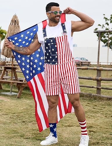 Bindefon 4th of July 4 Piece Set Combo - 250th Birthday American Flag Overalls Men,Cape,USA Sunglasses,Patriotic Socks, Menswear, Father's Day Gifts