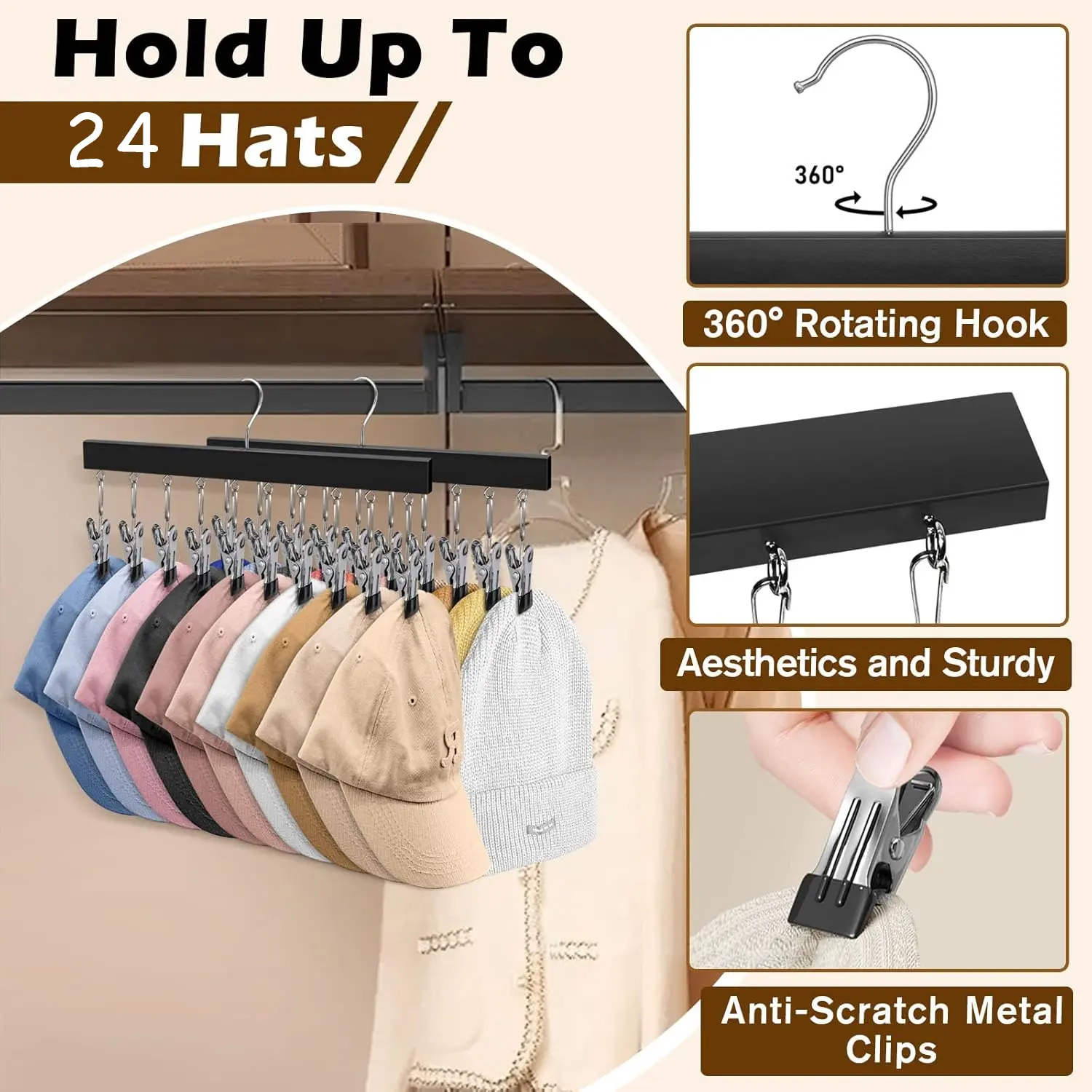 2 Pack Wooden Hat Organizer with Clips - Fits All Caps