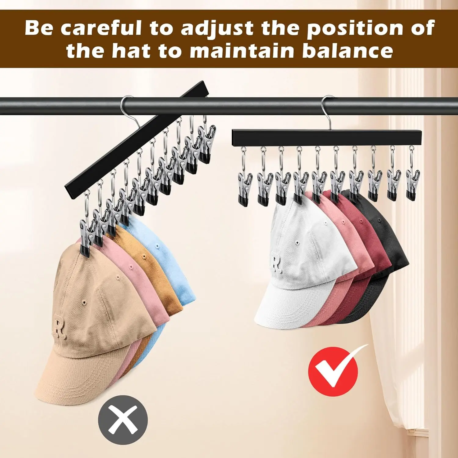 2 Pack Wooden Hat Organizer with Clips - Fits All Caps