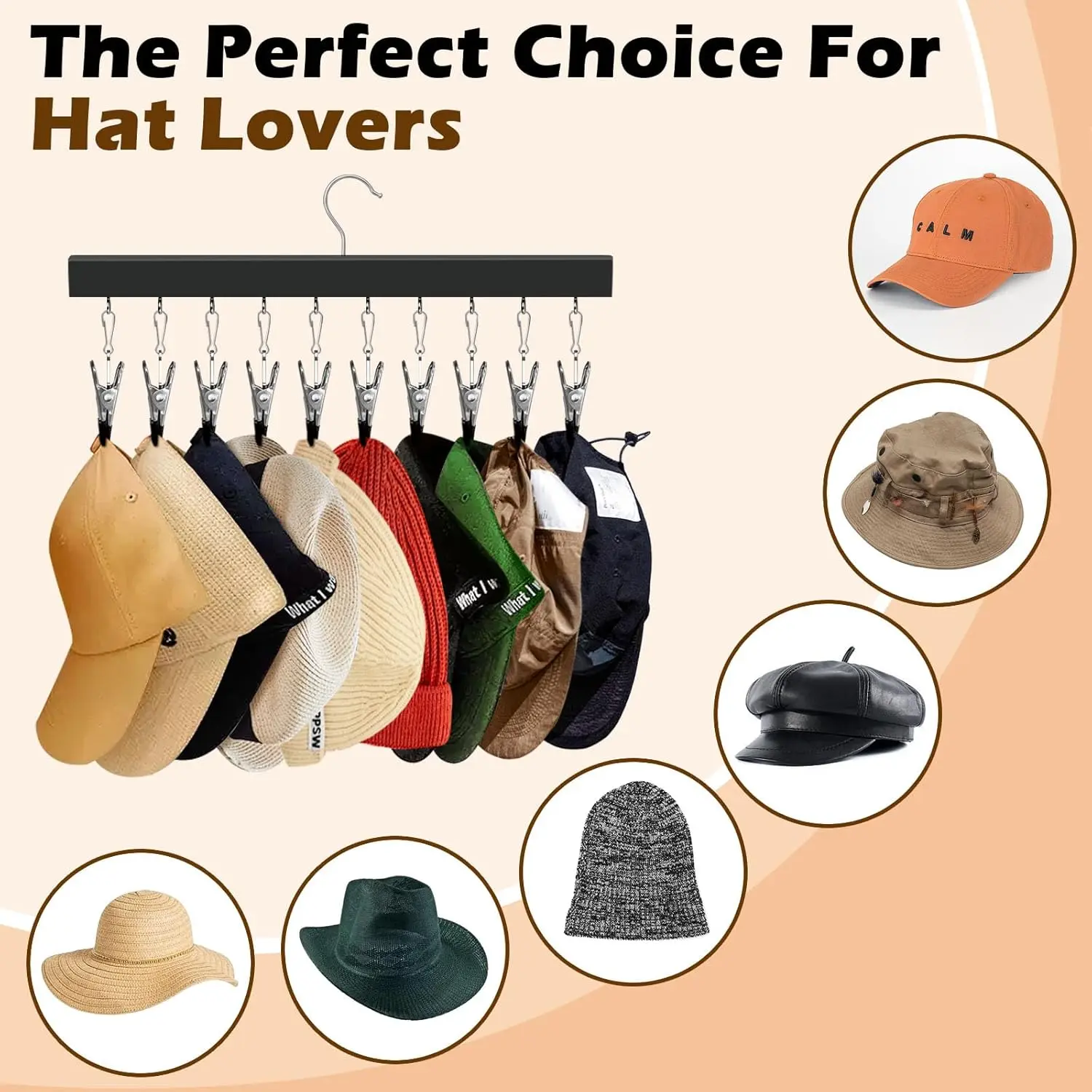 2 Pack Wooden Hat Organizer with Clips - Fits All Caps