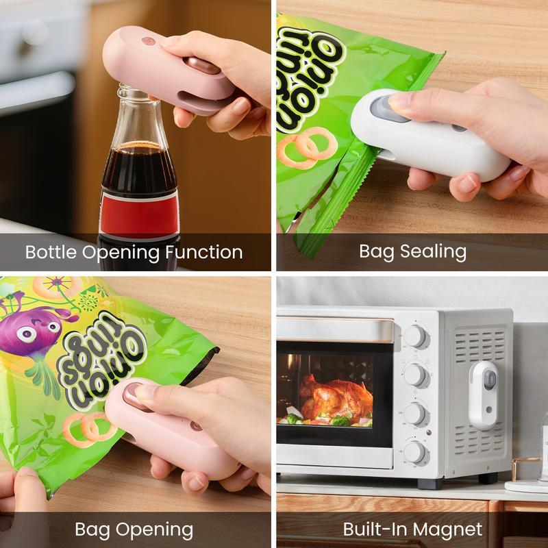New 4 in 1 Mini Sealing Machine Snack Bag Portable Beer Bottle Opener Built-In Cutter USB Rechargeable Plastic Heat Sealer for Food Storage Magnetic Design Home Kitchen Pet Supplies Camping