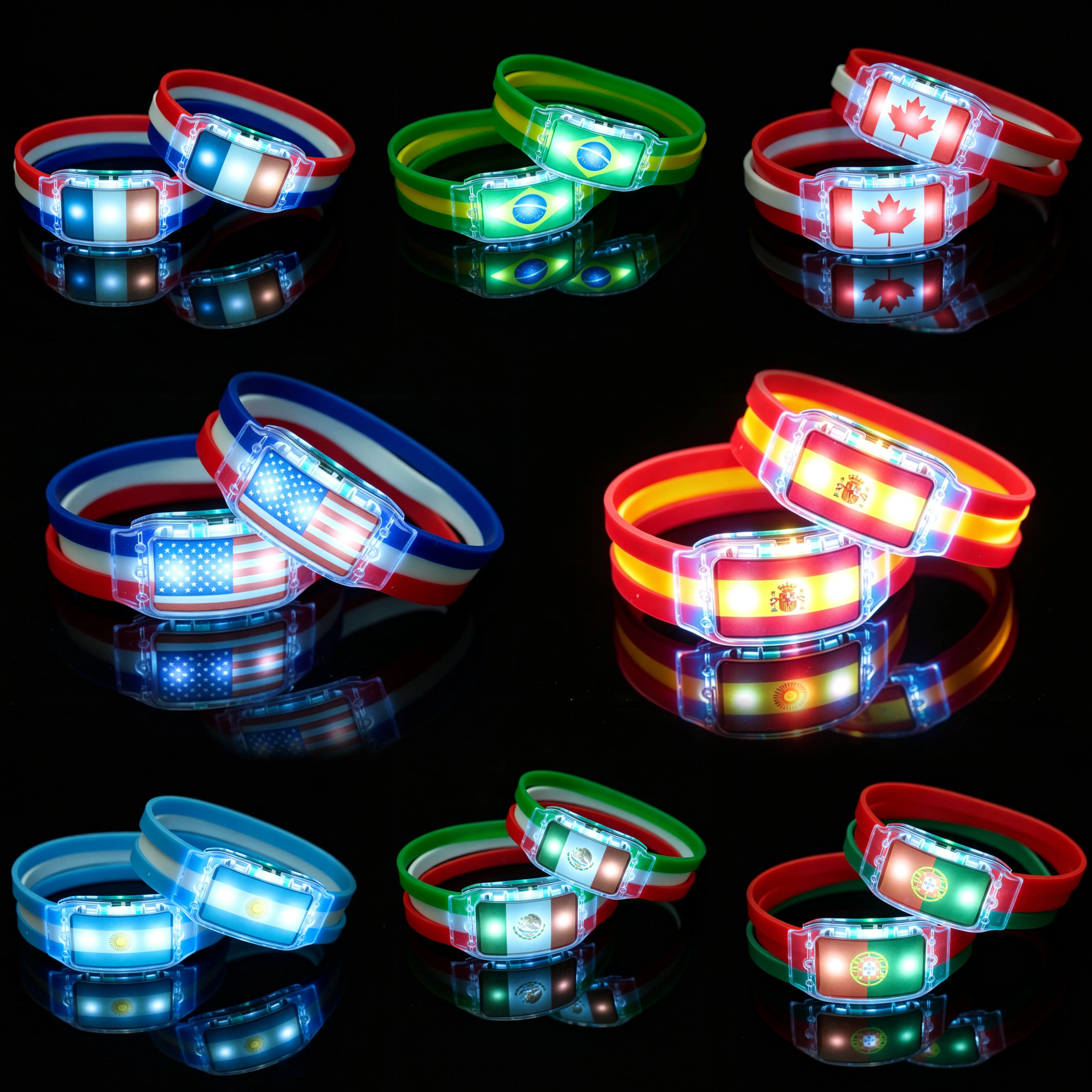 LED illuminated wristbands, silicone illuminated bracelets for sports enthusiasts, fan cheering accessories, national flag illuminated wristbands suitable for nighttime activities, concerts, and parties, adjustable, waterproof, 250TH