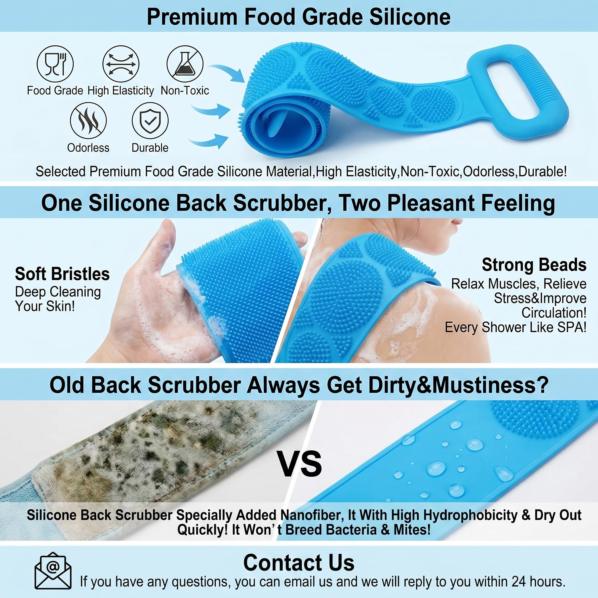 Double-Sided Silicone Back Scrubber, Exfoliating Body Brush Strap for Shower & Bath, Gentle Personal Cleaning Tool for All Skin Types