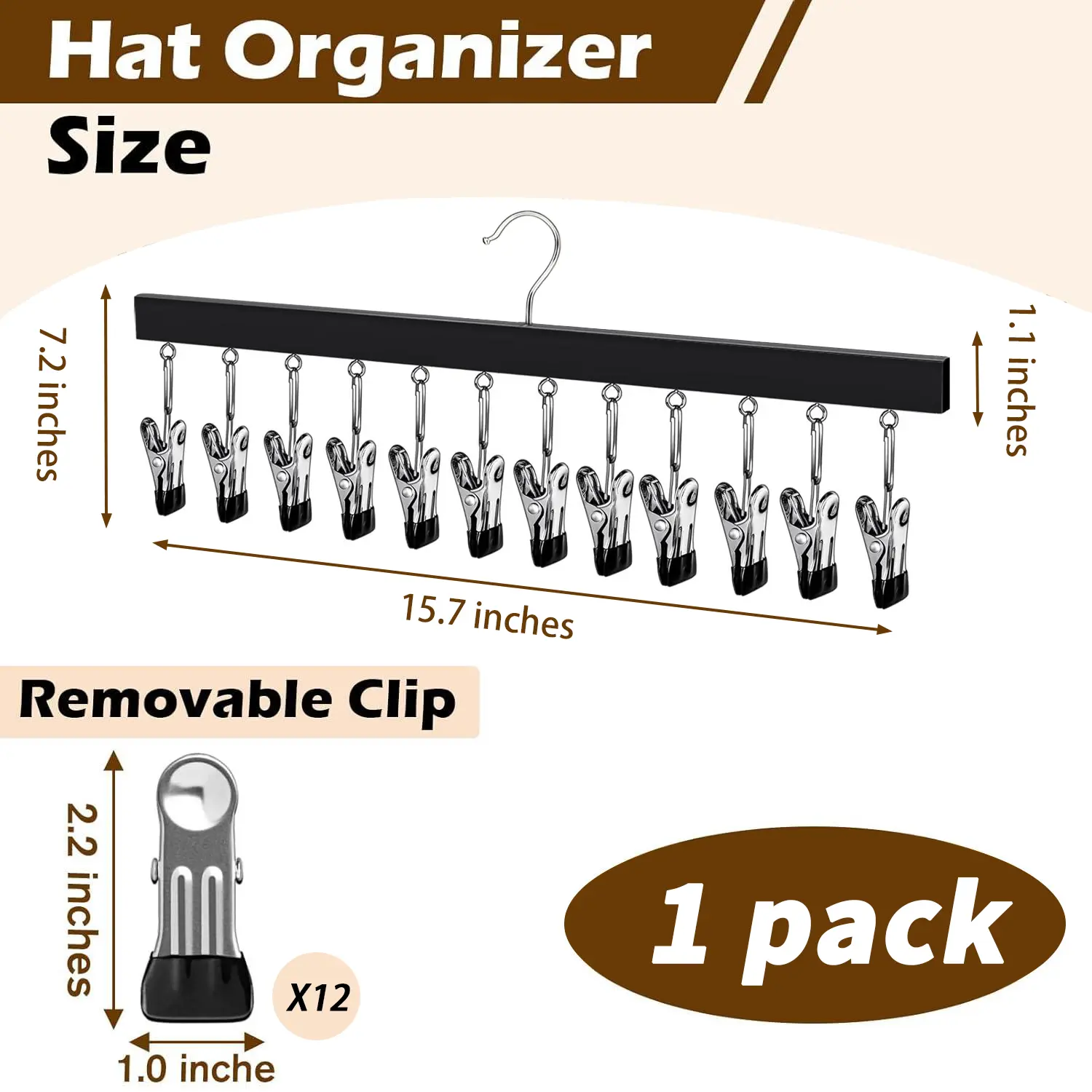 2 Pack Wooden Hat Organizer with Clips - Fits All Caps