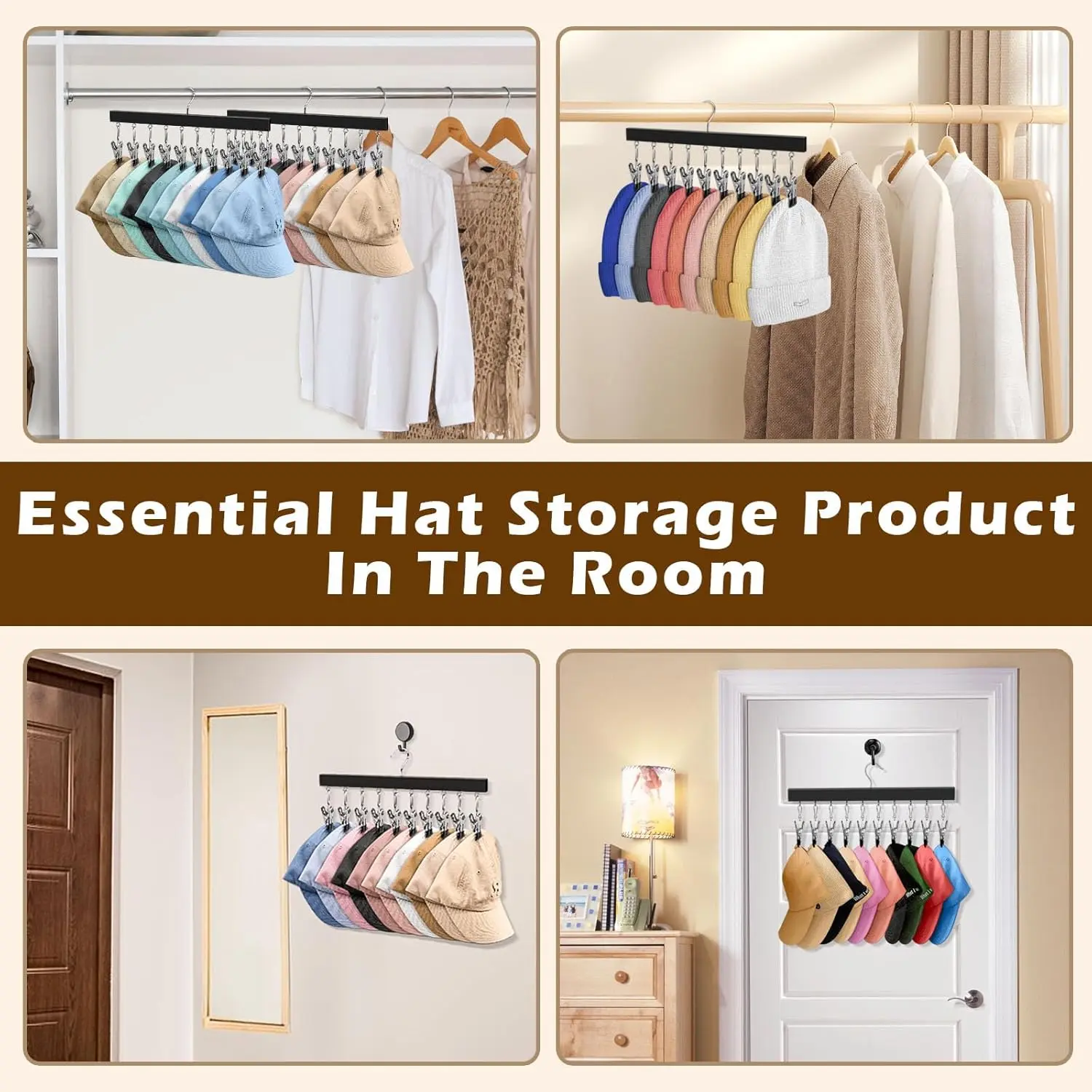 2 Pack Wooden Hat Organizer with Clips - Fits All Caps