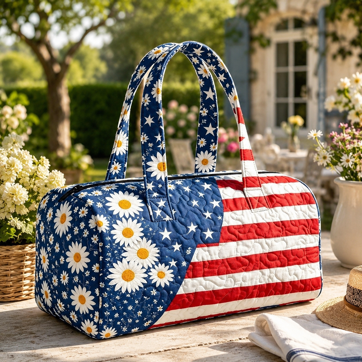 Patriotic Quilted Tote Bag | 3D Floral American Flag Travel Duffel Gifts 250th