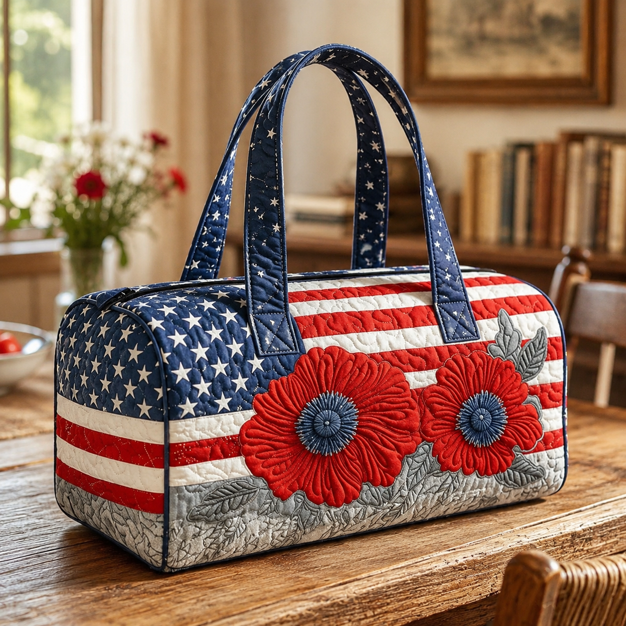 Patriotic Quilted Tote Bag | 3D Floral American Flag Travel Duffel Gifts 250th