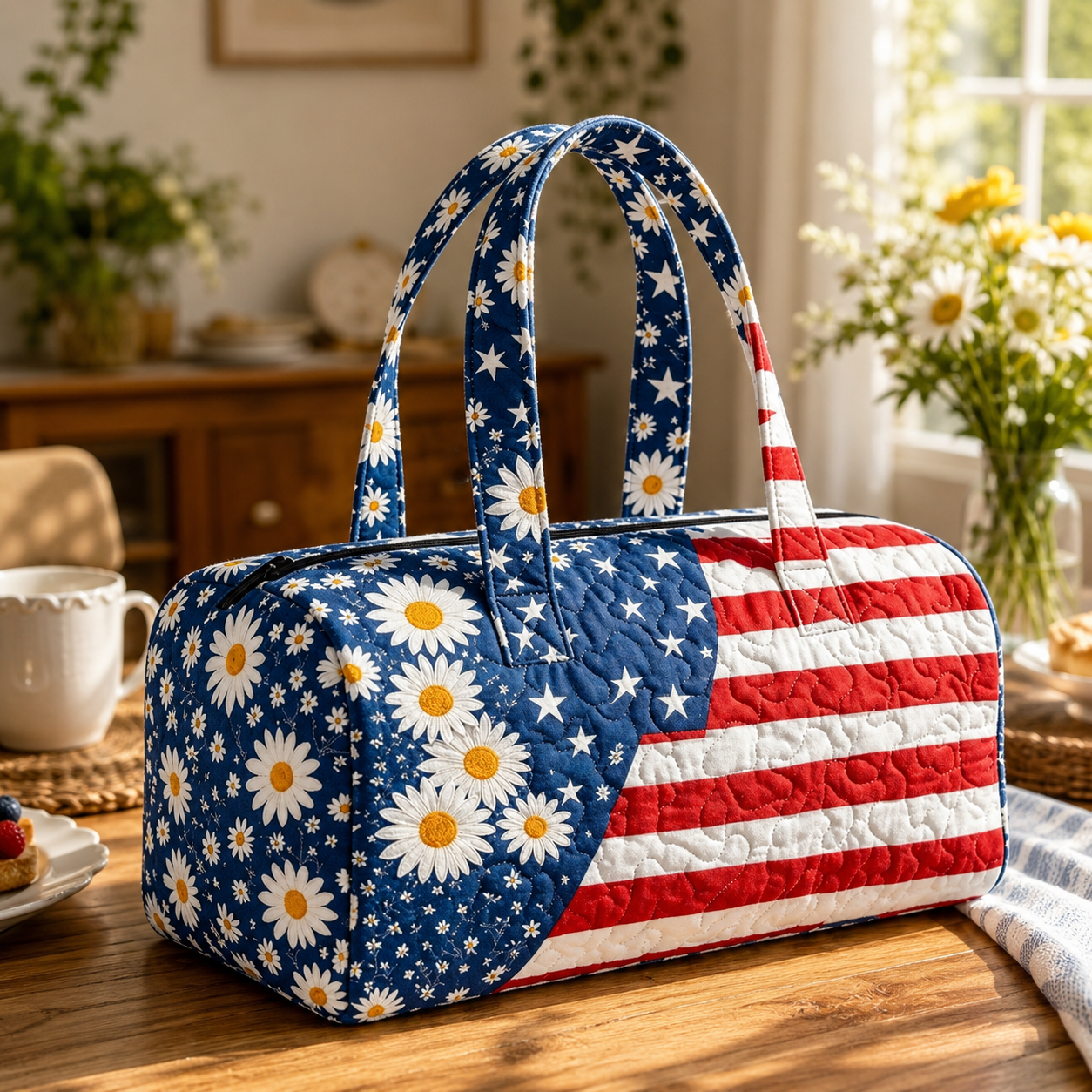 Patriotic Quilted Tote Bag | 3D Floral American Flag Travel Duffel Gifts 250th