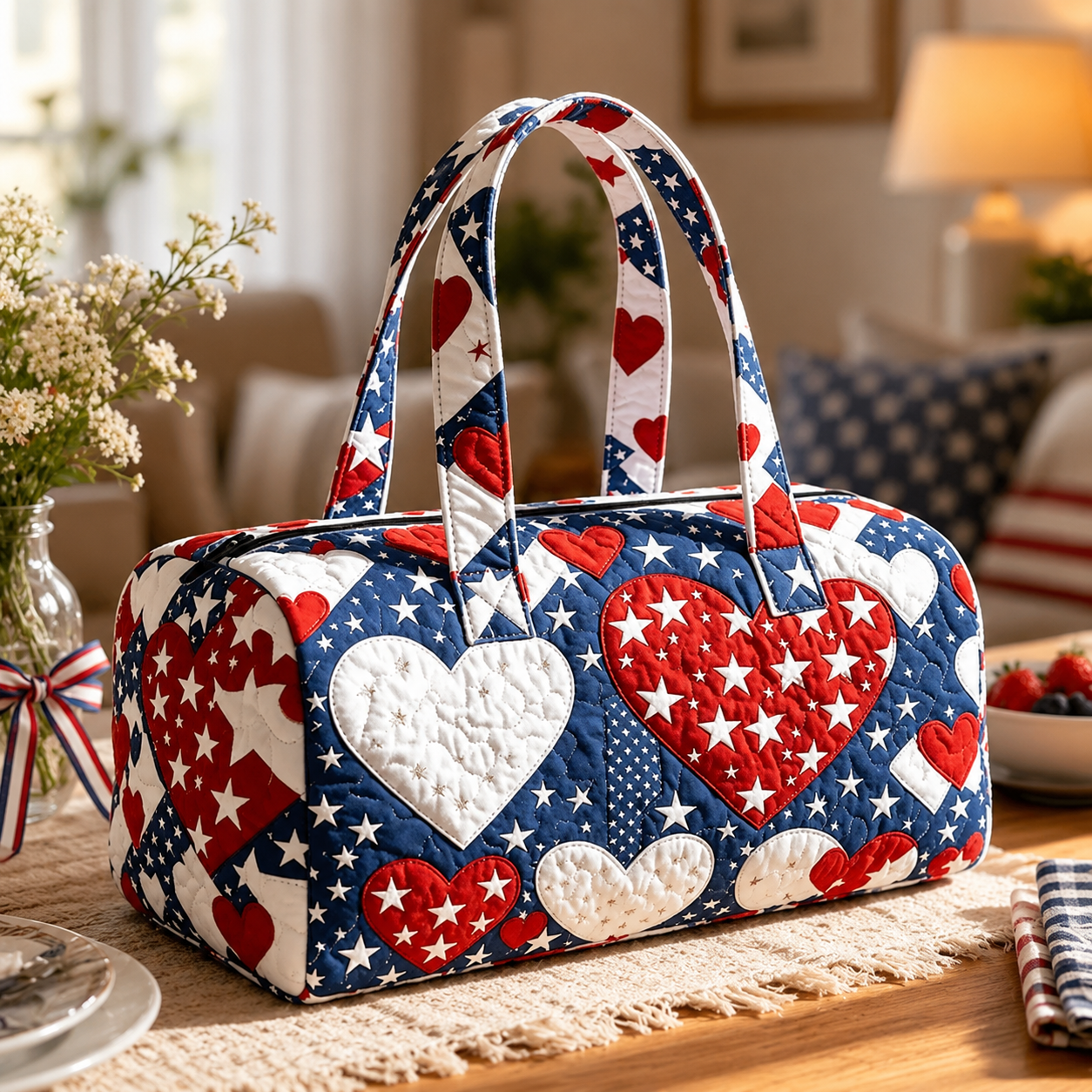 Patriotic Quilted Tote Bag | 3D Floral American Flag Travel Duffel Gifts 250th