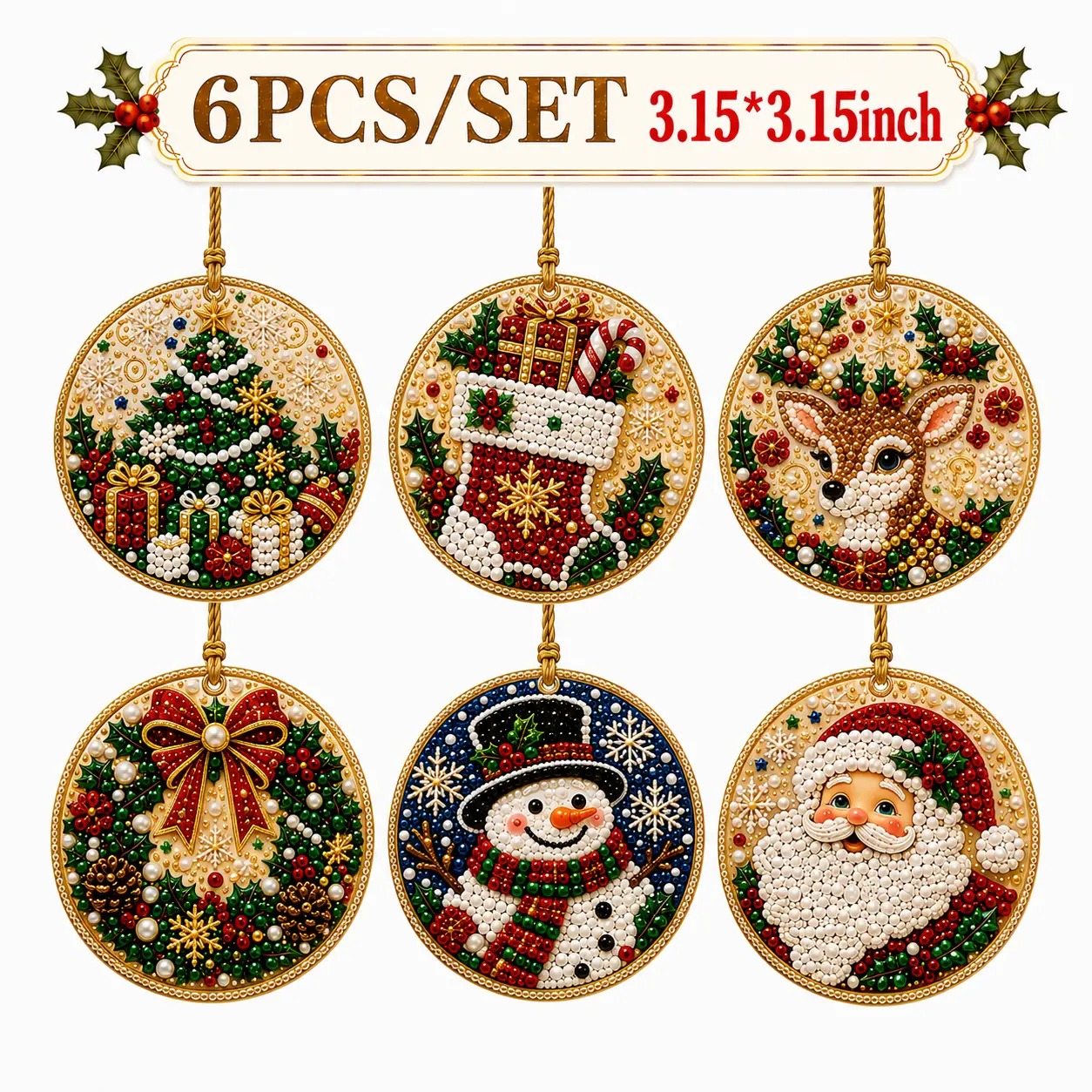 6Pcs/12Pcs Christmas DIY Diamond Painting Ornaments Kit for Holiday Home Decor