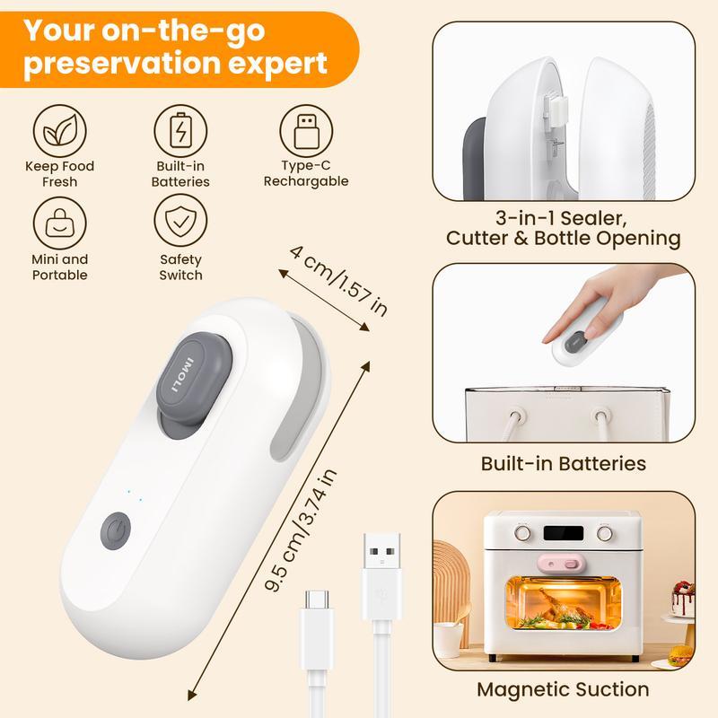 New 4 in 1 Mini Sealing Machine Snack Bag Portable Beer Bottle Opener Built-In Cutter USB Rechargeable Plastic Heat Sealer for Food Storage Magnetic Design Home Kitchen Pet Supplies Camping