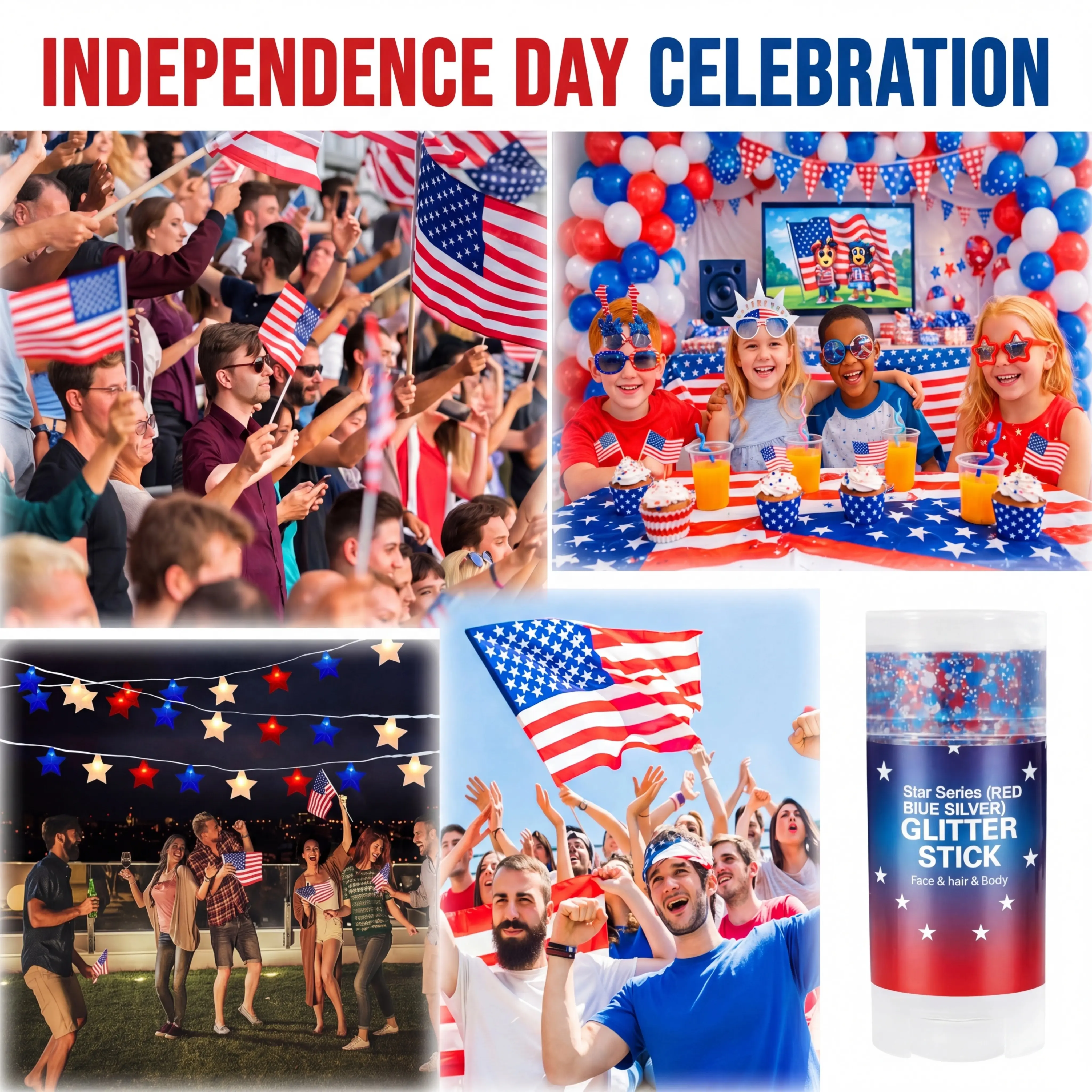 4th of July Glitter Stick | Red, White & Blue Body & Hair Sparkle for Independence Day Party, Festival & Fun Holiday Look