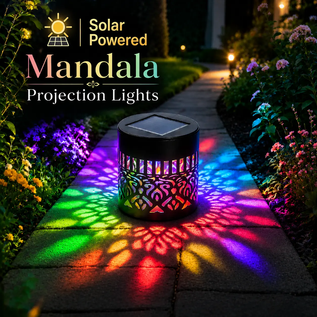 Solar Mandala Lights, 2026 Metal Solar Wall Lights with Mandala Projection for Summer, Waterproof Color-Changing Solar Fence Lights for Garden, Yard, Deck, Patio, Pool, Lawn, Backyard Decor