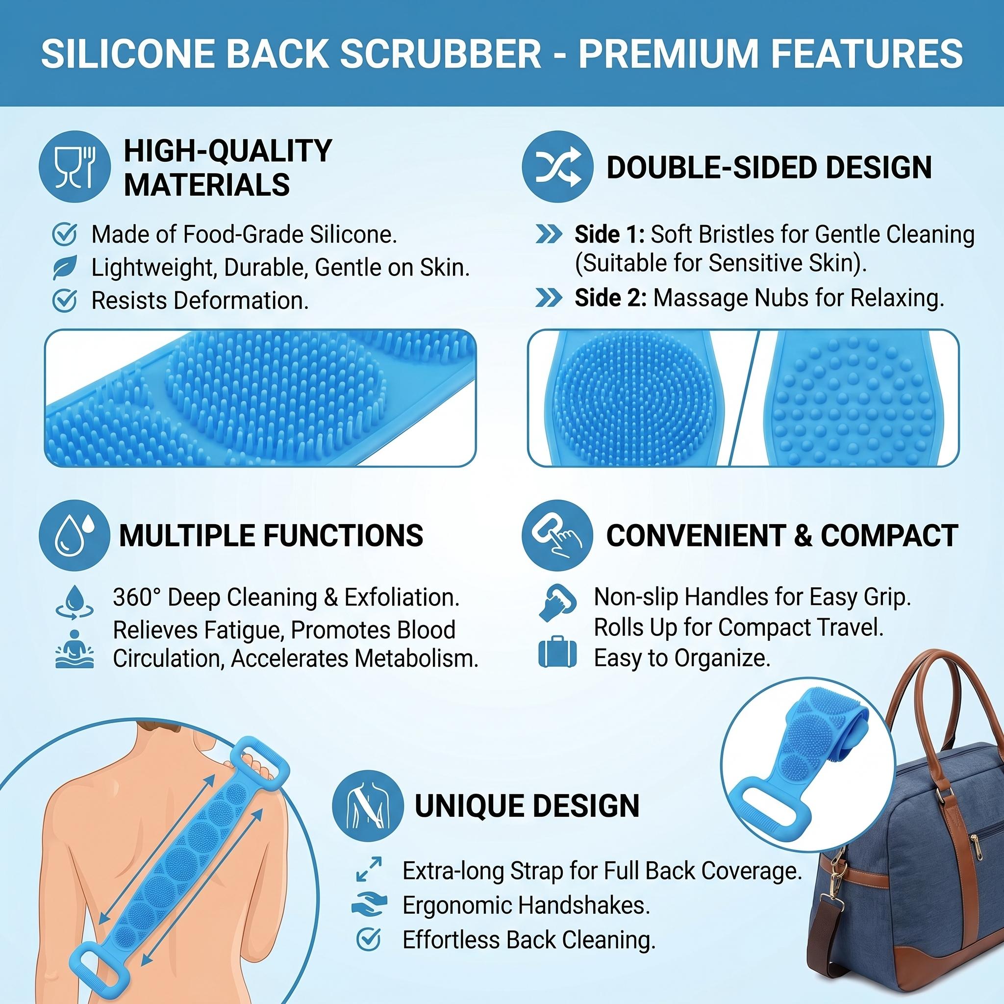 Double-Sided Silicone Back Scrubber, Exfoliating Body Brush Strap for Shower & Bath, Gentle Personal Cleaning Tool for All Skin Types