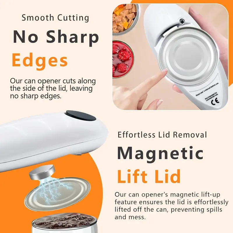 Electric Can Opener, One-Touch Automatic Can Opener Achieves smooth, safe, and rapid can opening along the edge Compatible with nearly all canned goods Hands-free operation Ideal gift, kitchen essential for elderly arthritis sufferers