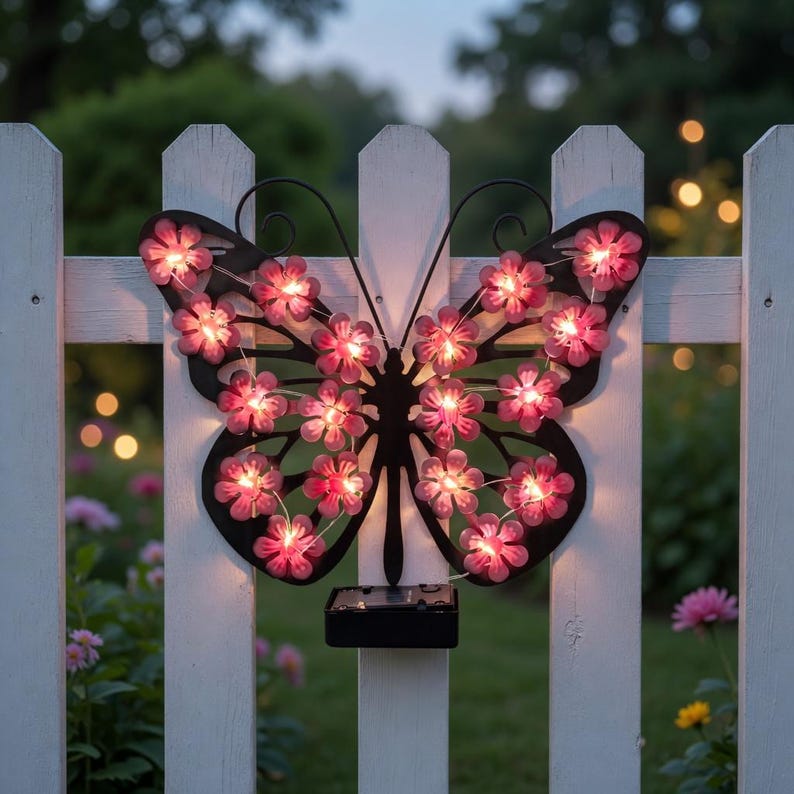 Solar Butterfly Garden Light, Metal Butterfly Wall Decor, Outdoor LED Flower Light, Yard Fence Patio Decor, Waterproof Hanging Light