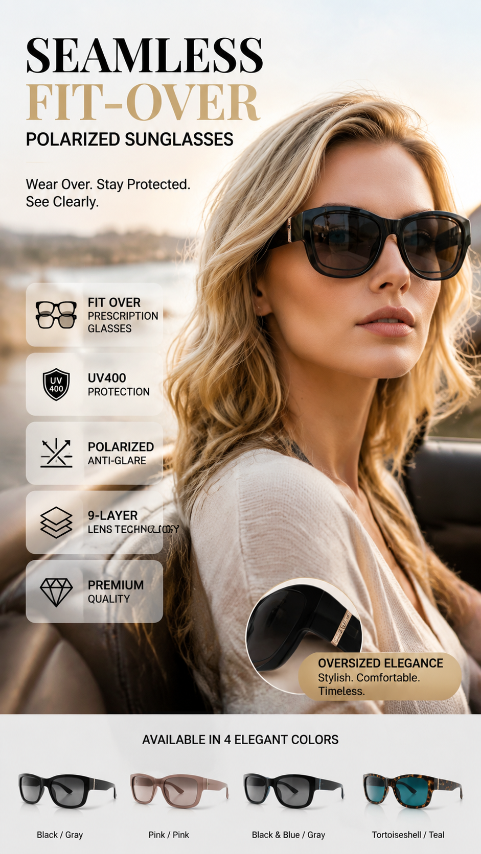 Glasses wearers: these oversized sunglasses slide right over your own glasses and make you look like a movie star—no expensive clip-ons, no fiddling with lenses!
