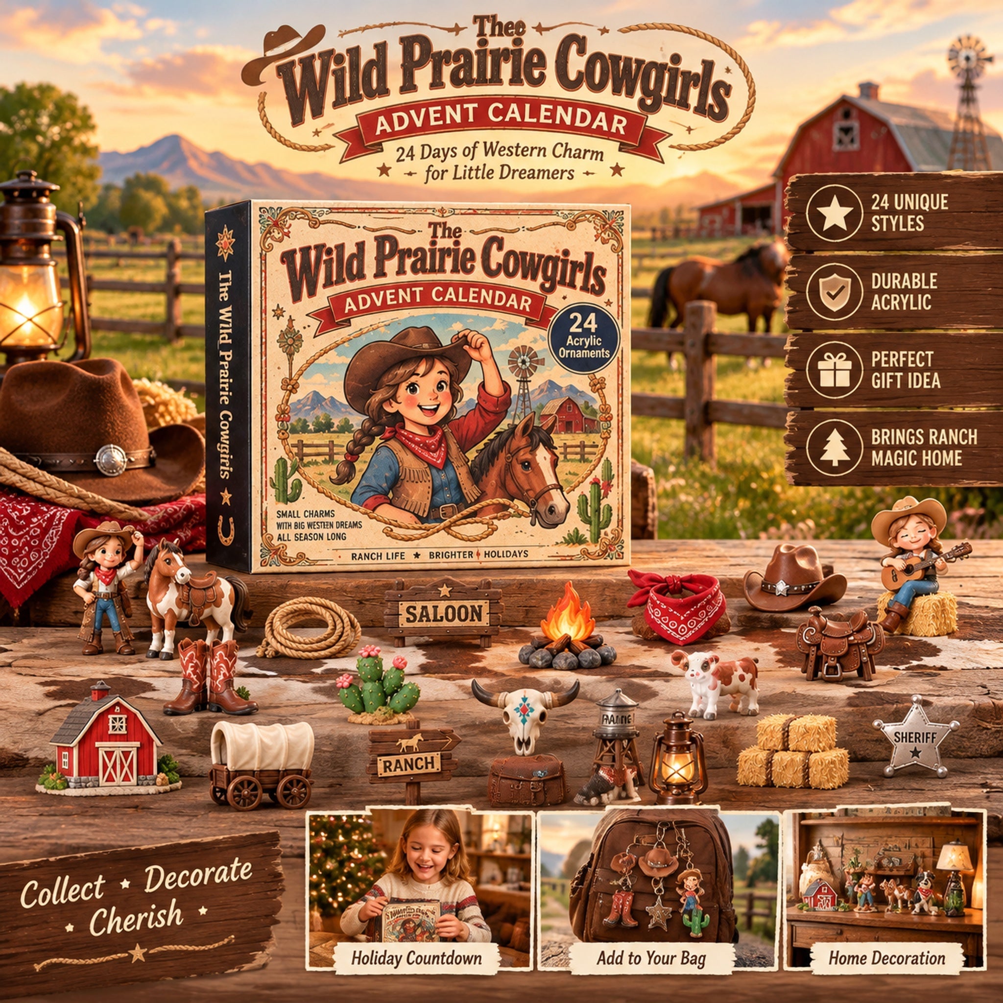 Wild Prairie Cowgirls Advent Calendar 2026 - 24-Day Festive Countdown, Acrylic Charms Blind BoxChristmas gifts