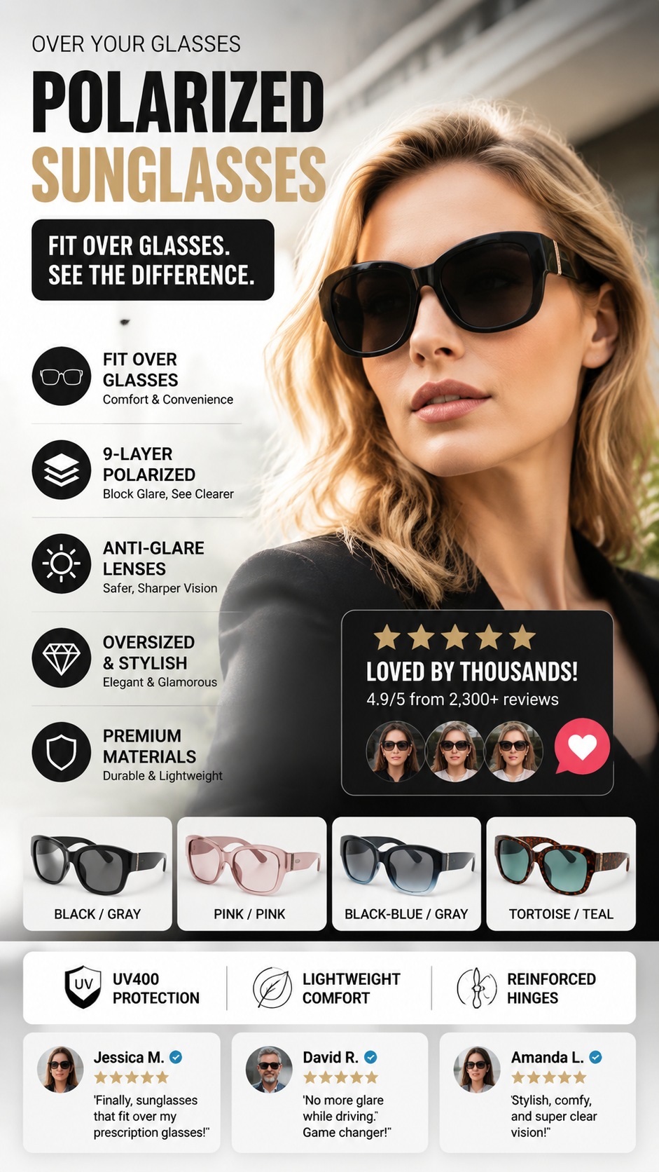 Glasses wearers: these oversized sunglasses slide right over your own glasses and make you look like a movie star—no expensive clip-ons, no fiddling with lenses!